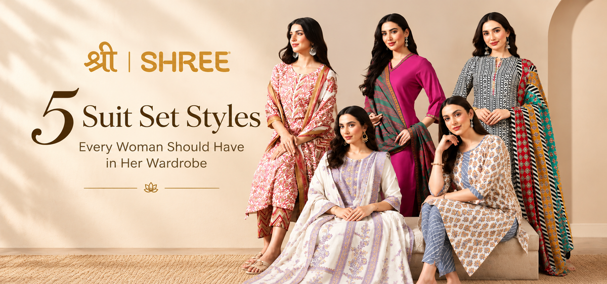 SHREE 5 suit set styles for women featuring elegant printed and designer ethnic suit sets.