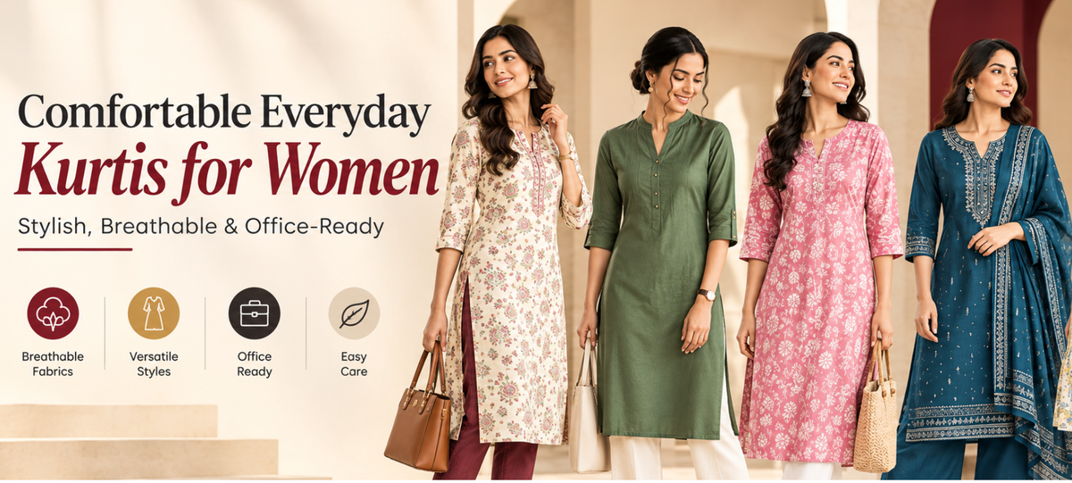 Women wearing stylish everyday kurtis in printed, cotton-look, and embroidered designs for office and casual wear.