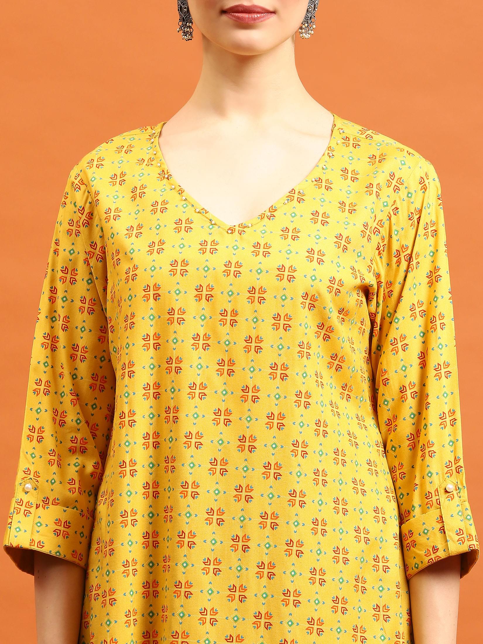 Indiessence (Buy 2 @ 499) Women Mustard Geometric Printed Kurta.