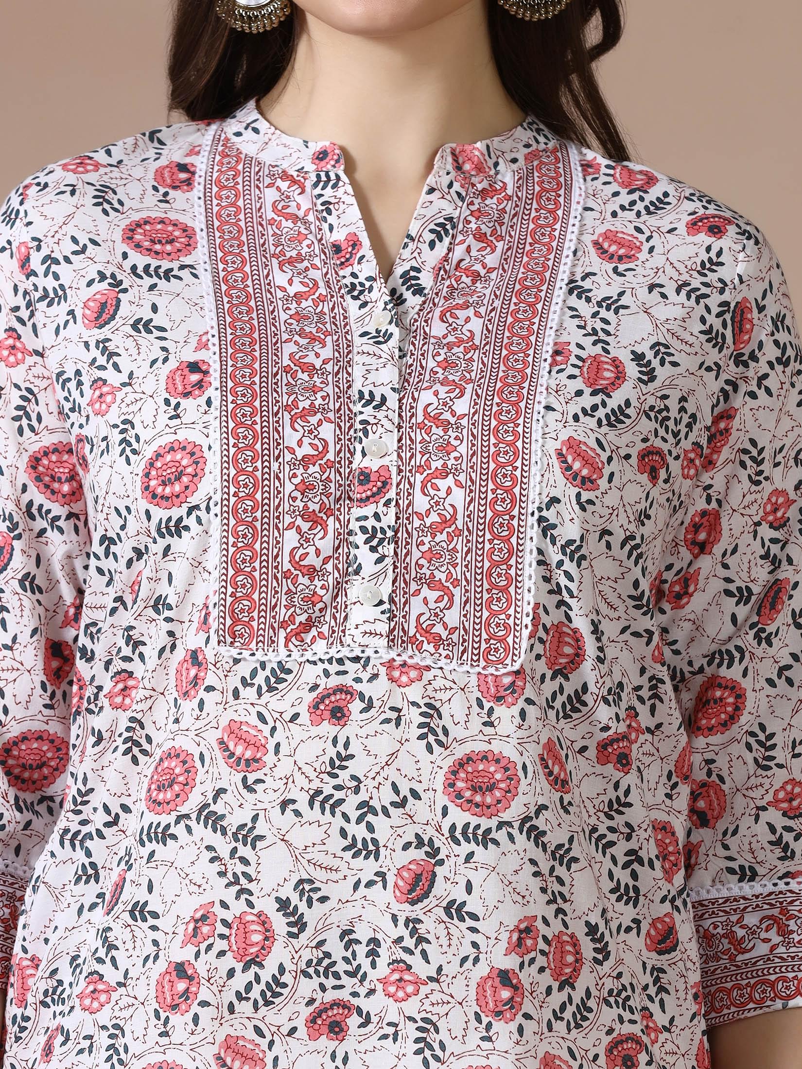 Women Cotton Off White Printed Kurta.