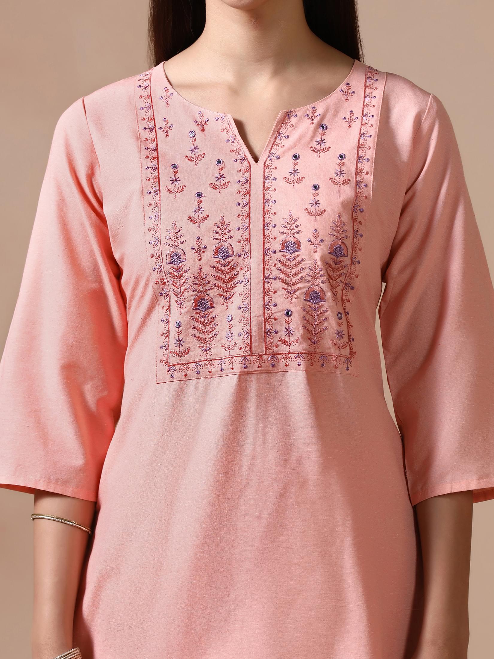Women Poly Cotton Peach Embroidered Kurta Comfort Pant Dupatta.