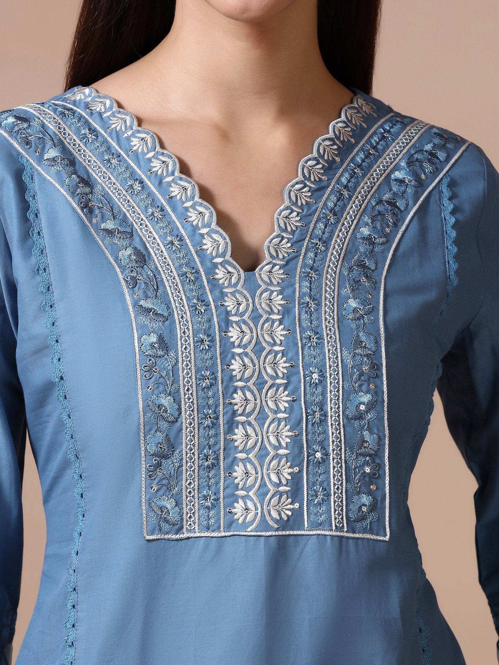 Women Cotton Blue Embroidered Kurta Comfort Pant Dupatta