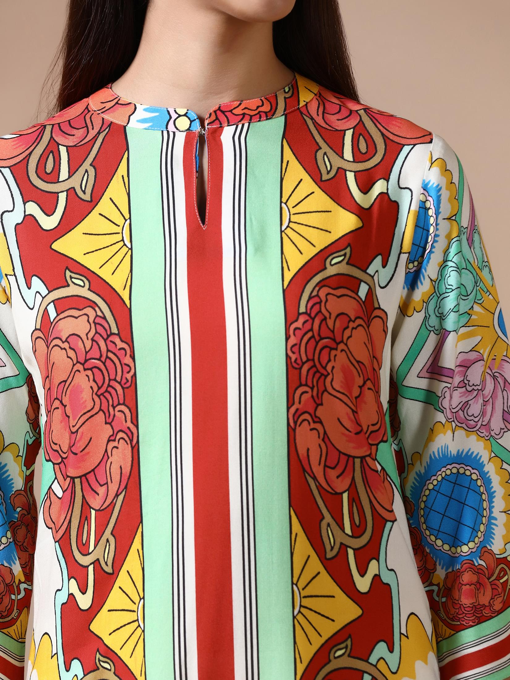 Women Multicolor Liva Printed Kurta With Comfort Pant.