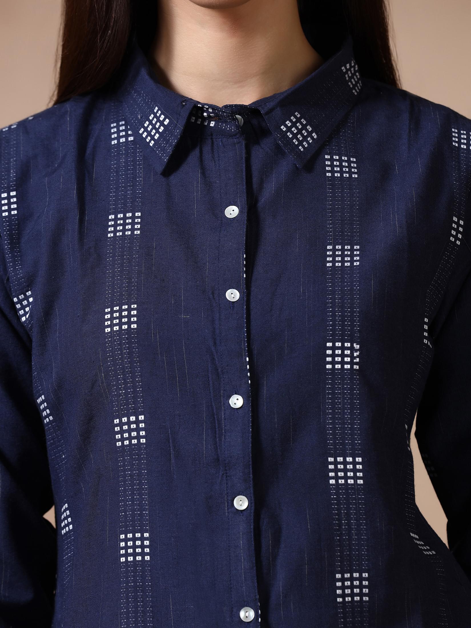 Women Poly Cotton Navy Blue Yarn Dyed Kurta With Wide Leg Pant.