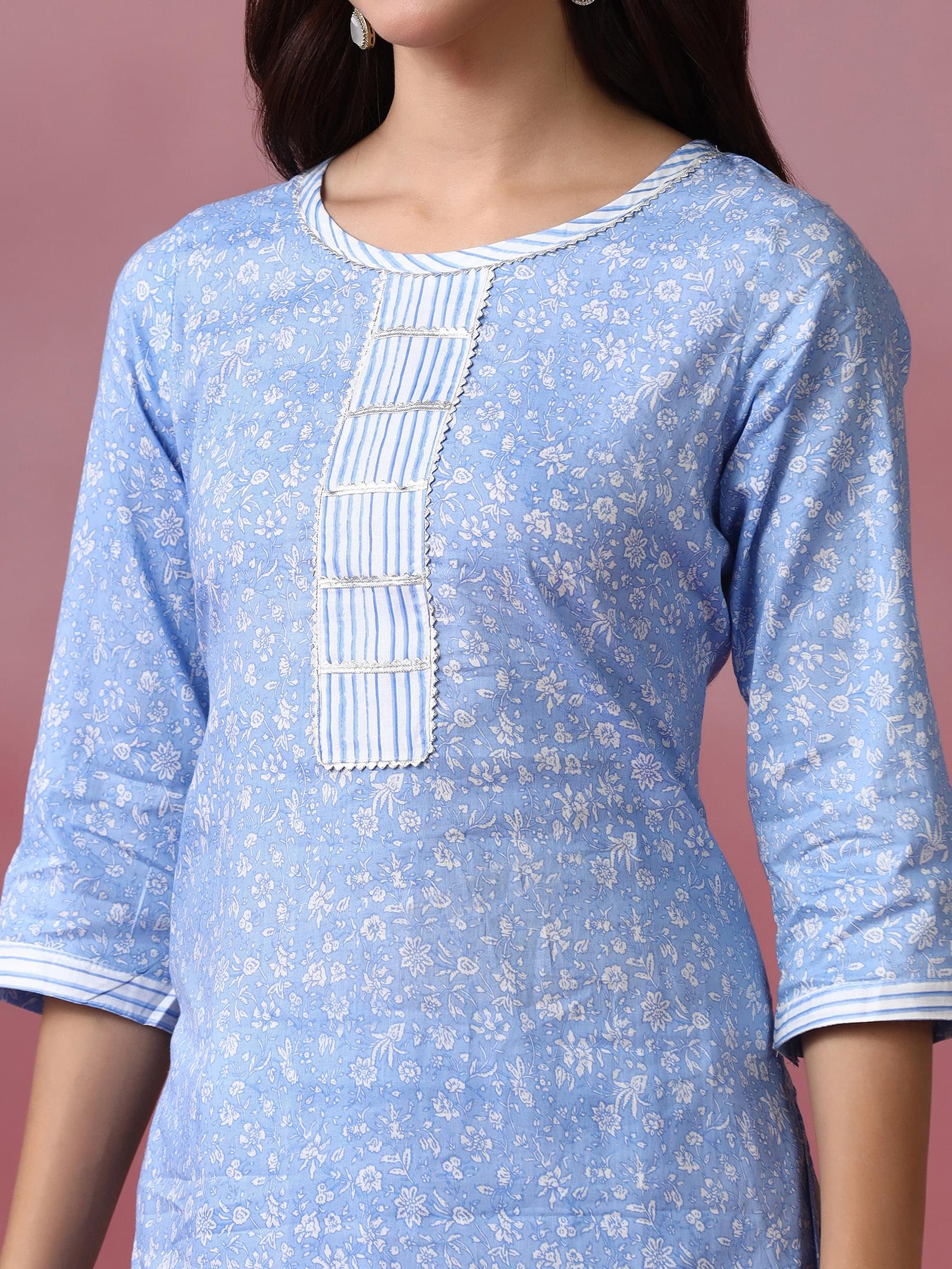 Women Cotton Blue Printed Kurta Trouser Dupatta.
