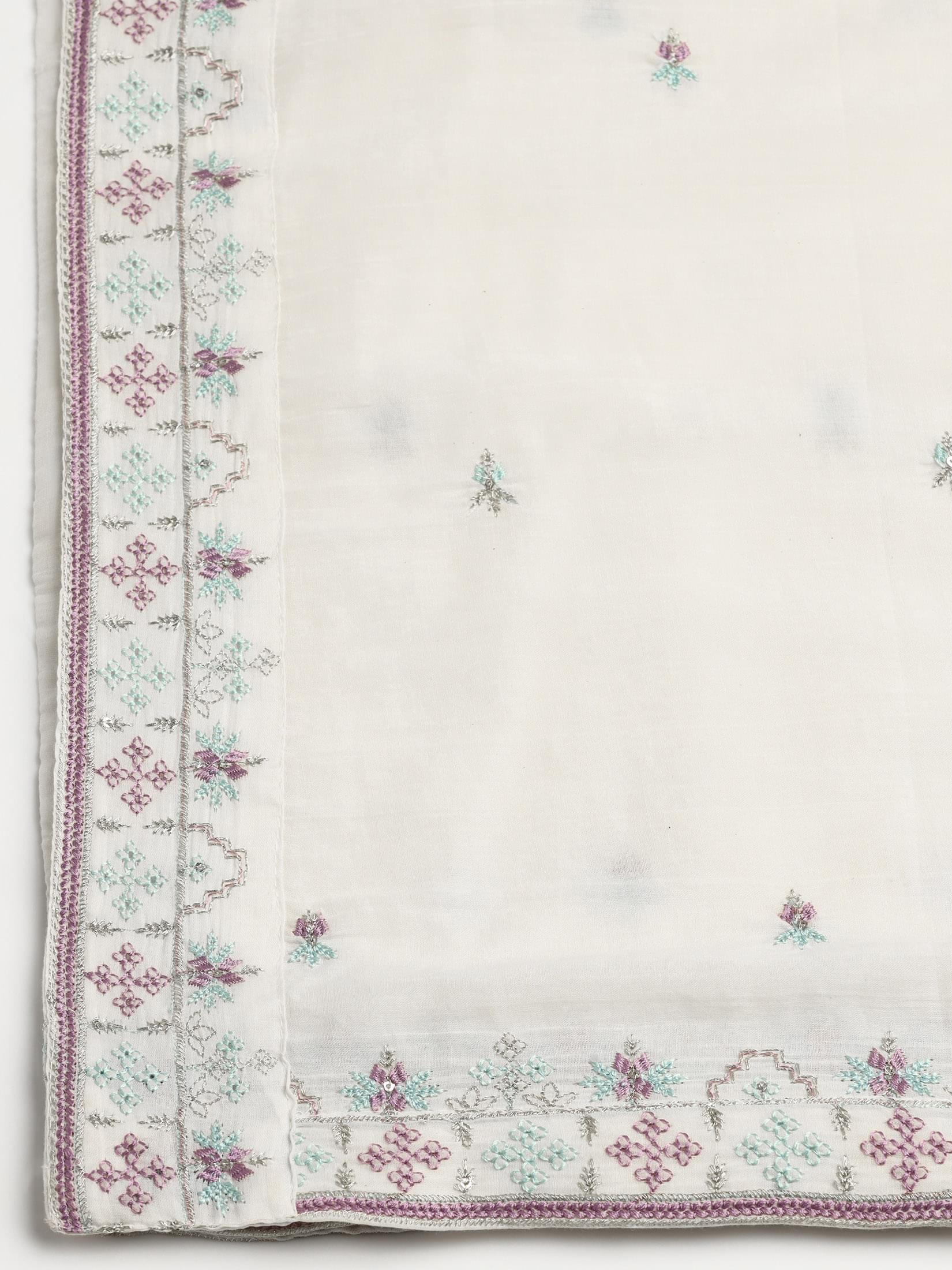 Women Cotton Off White Embroidered Kurta Comfort Pant Dupatta.