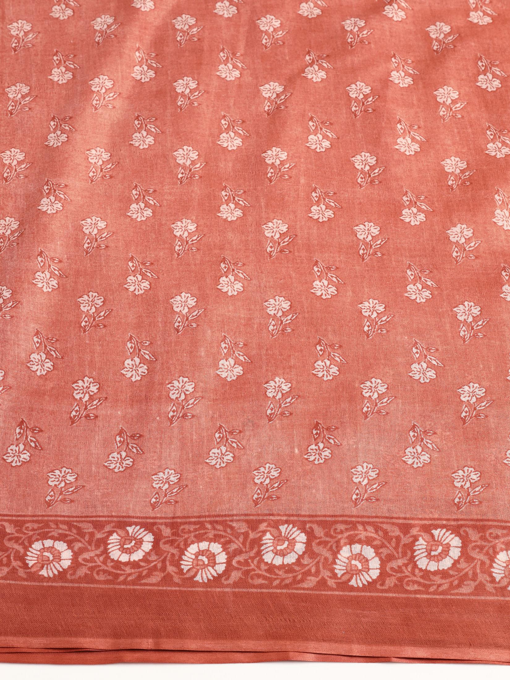 Women Cotton Peach Floral Print KurtaTrouser Dupatta.