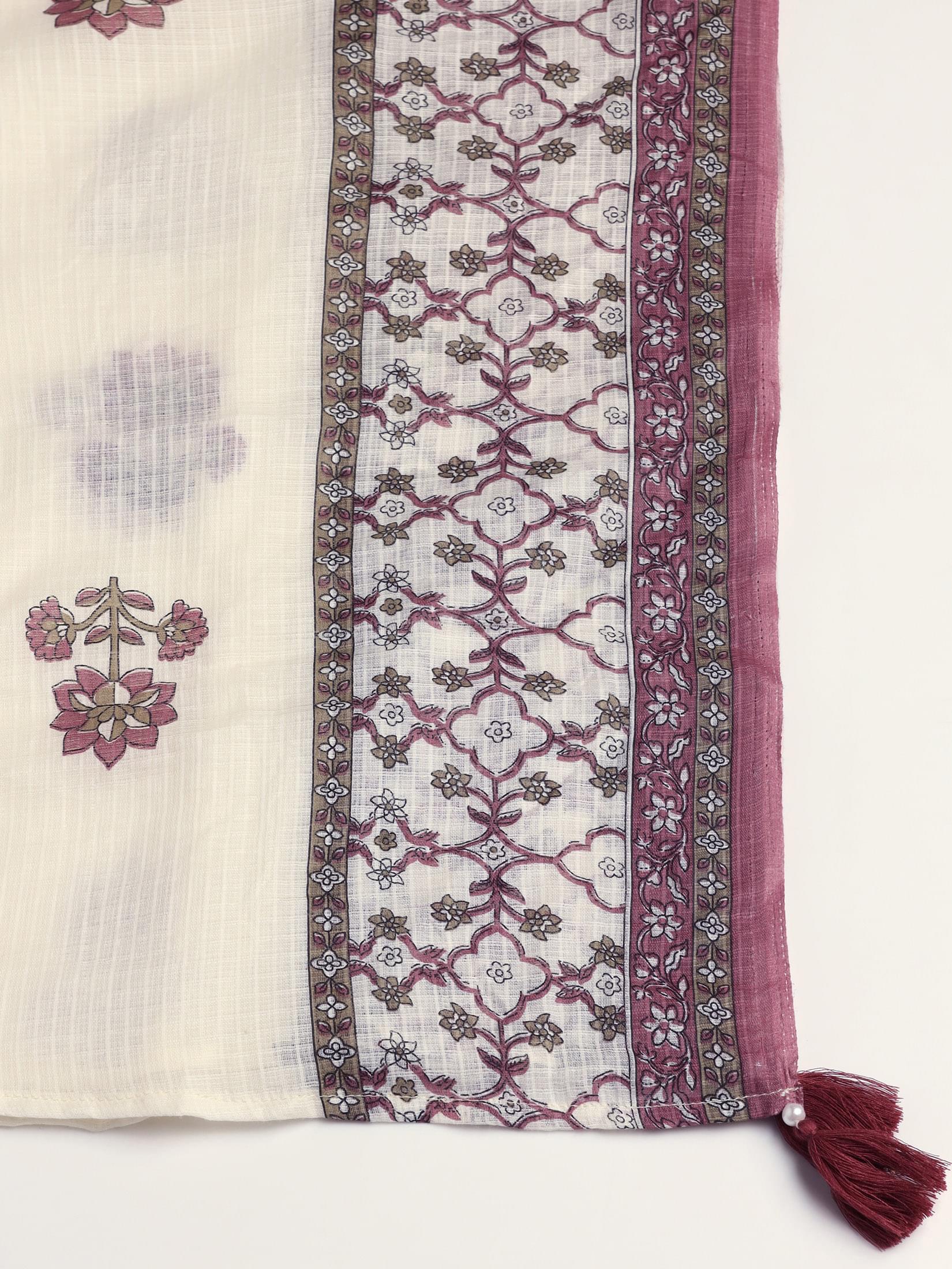 Women Cotton Off White Printed Kurta Comfort Pant Dupatta.