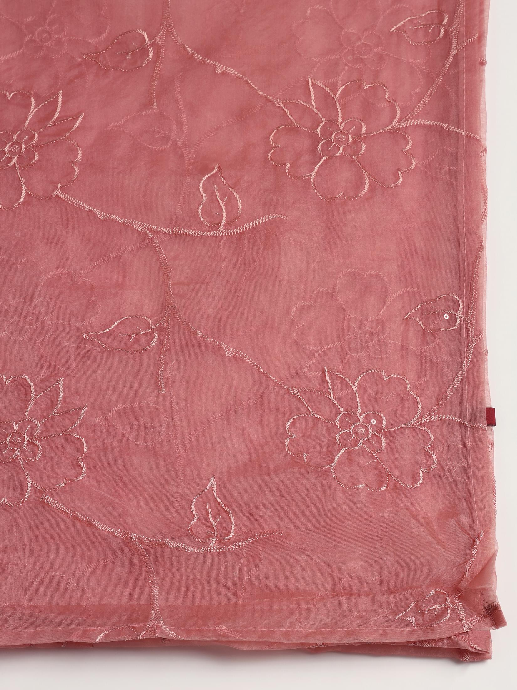Women Mul Chanderi Peach Embroidered Kurta Trouser Dupatta.