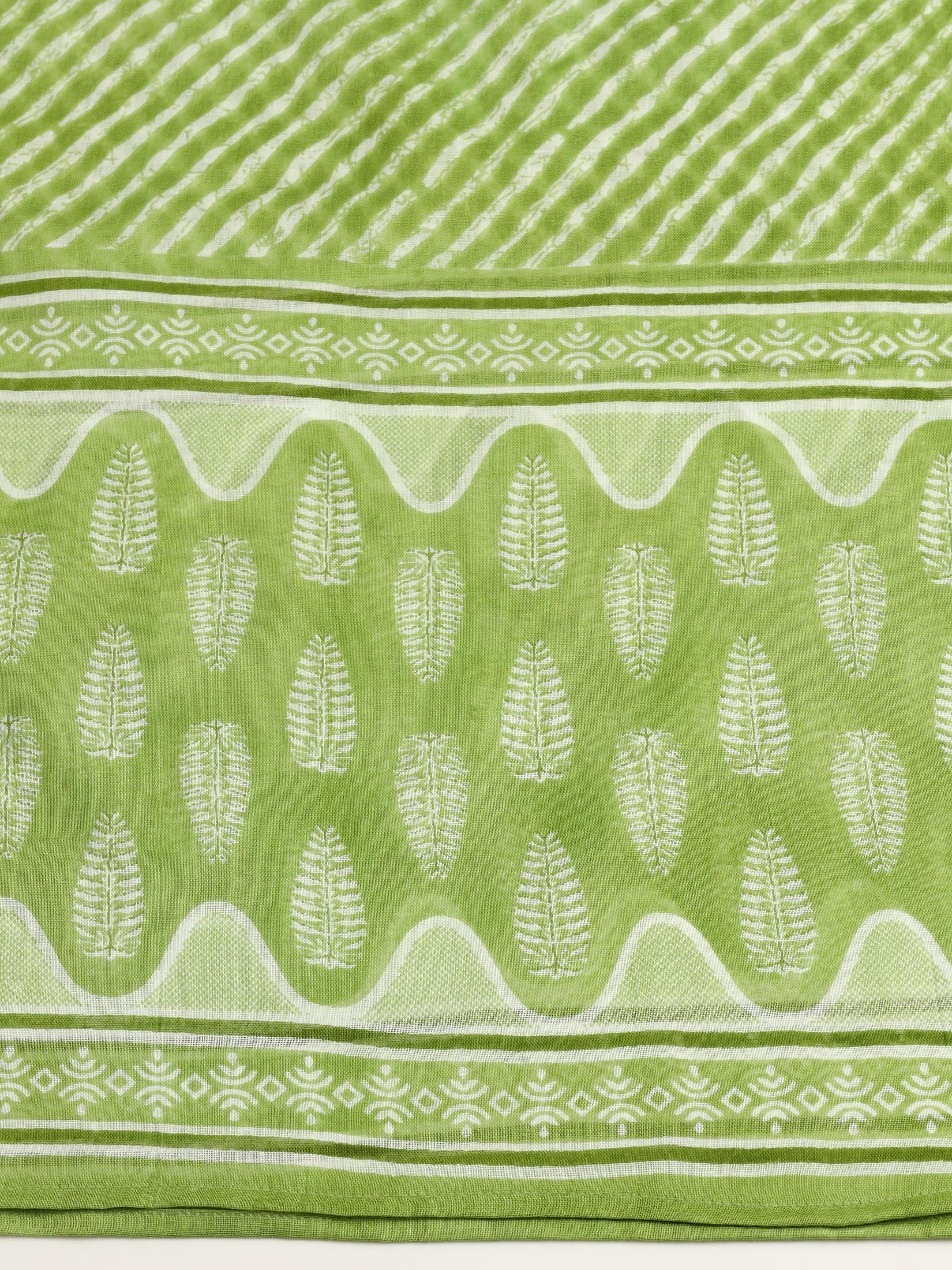 Women Cotton Green Printed Kurta Trouser With Dupatta.