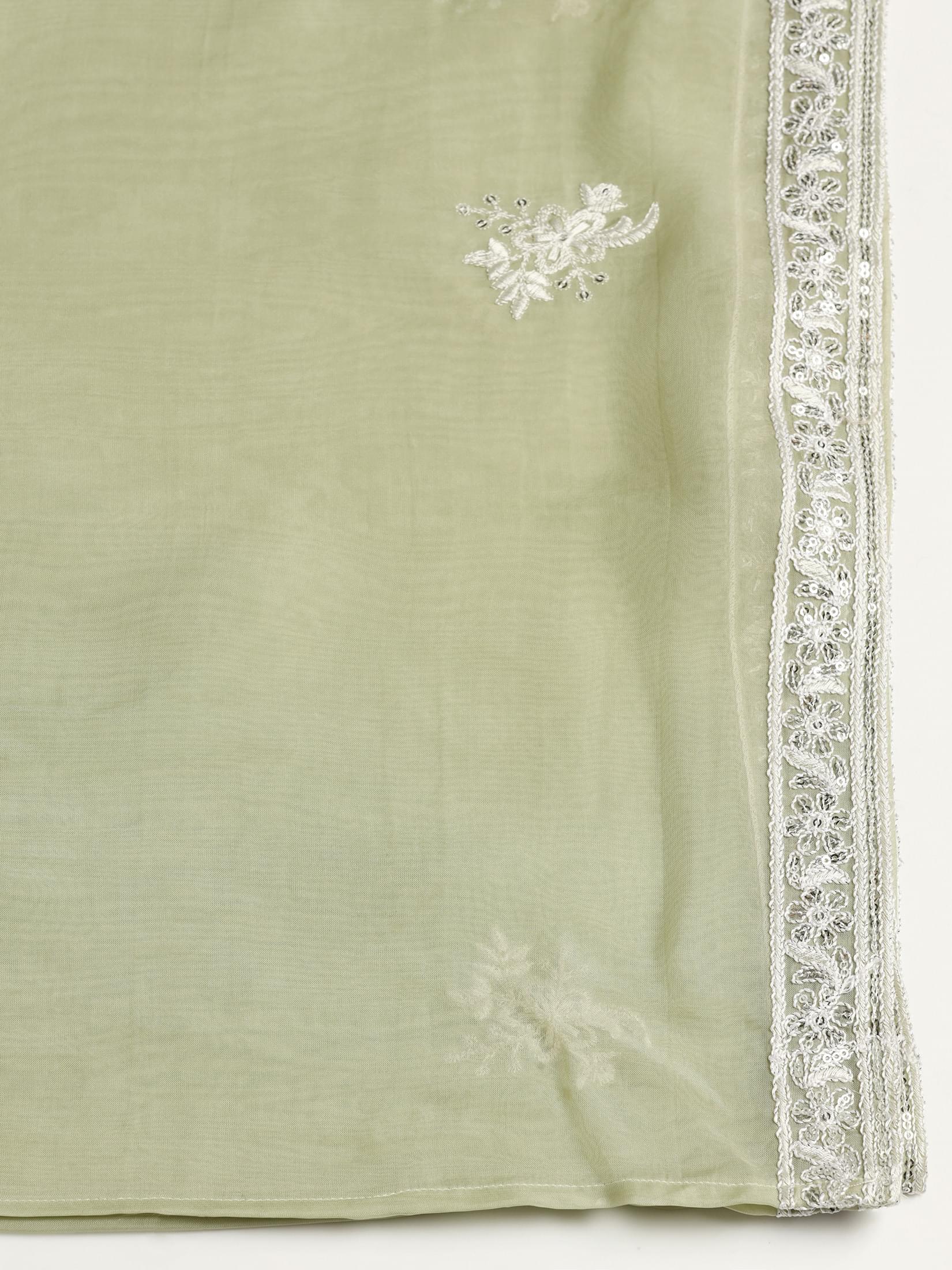 Women Viscose Organza Green Embroidered Kurta Comfort Pant Dupatta.