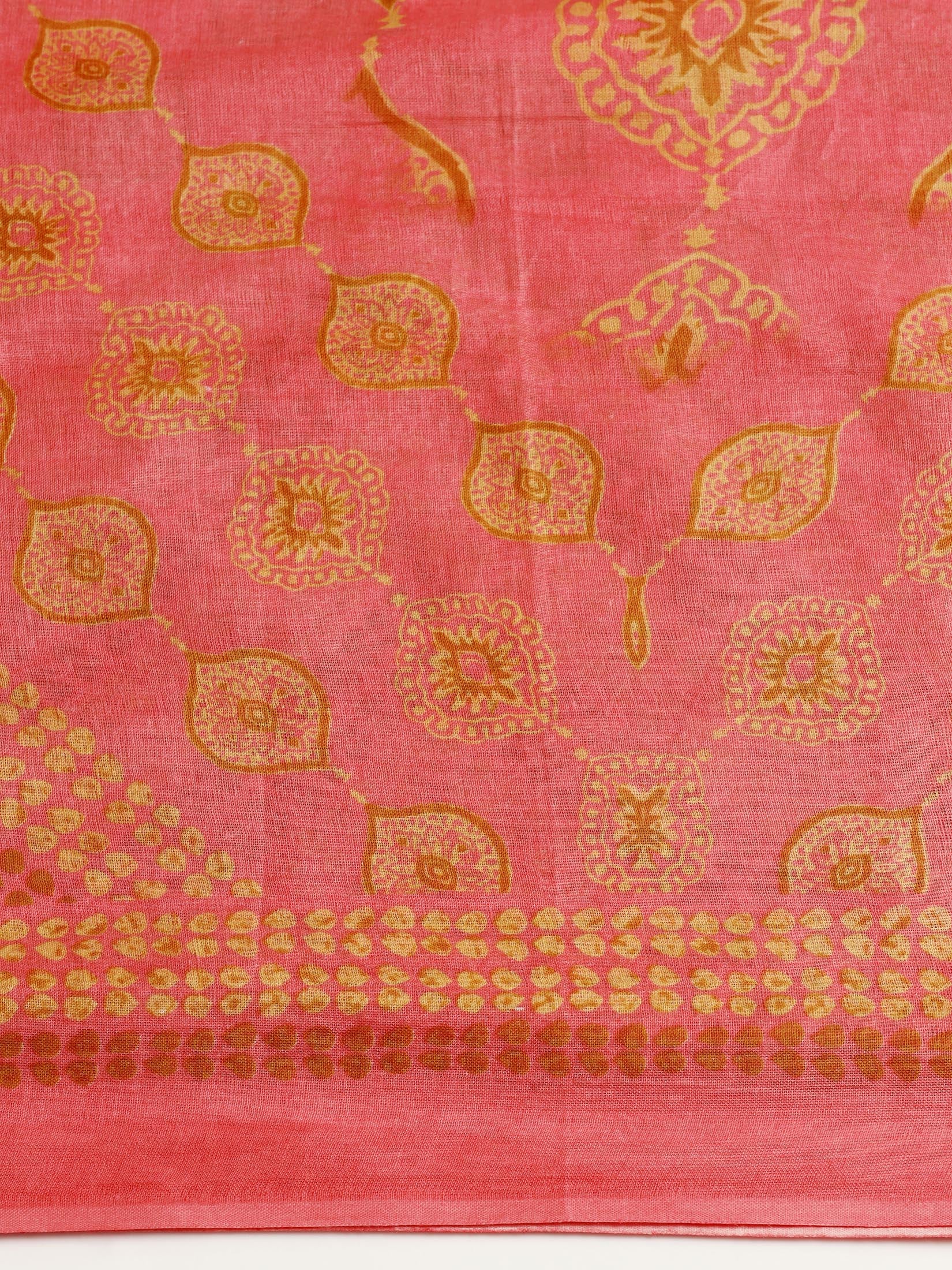 Women Cotton Pink Printed Kurta Trouser Dupatta