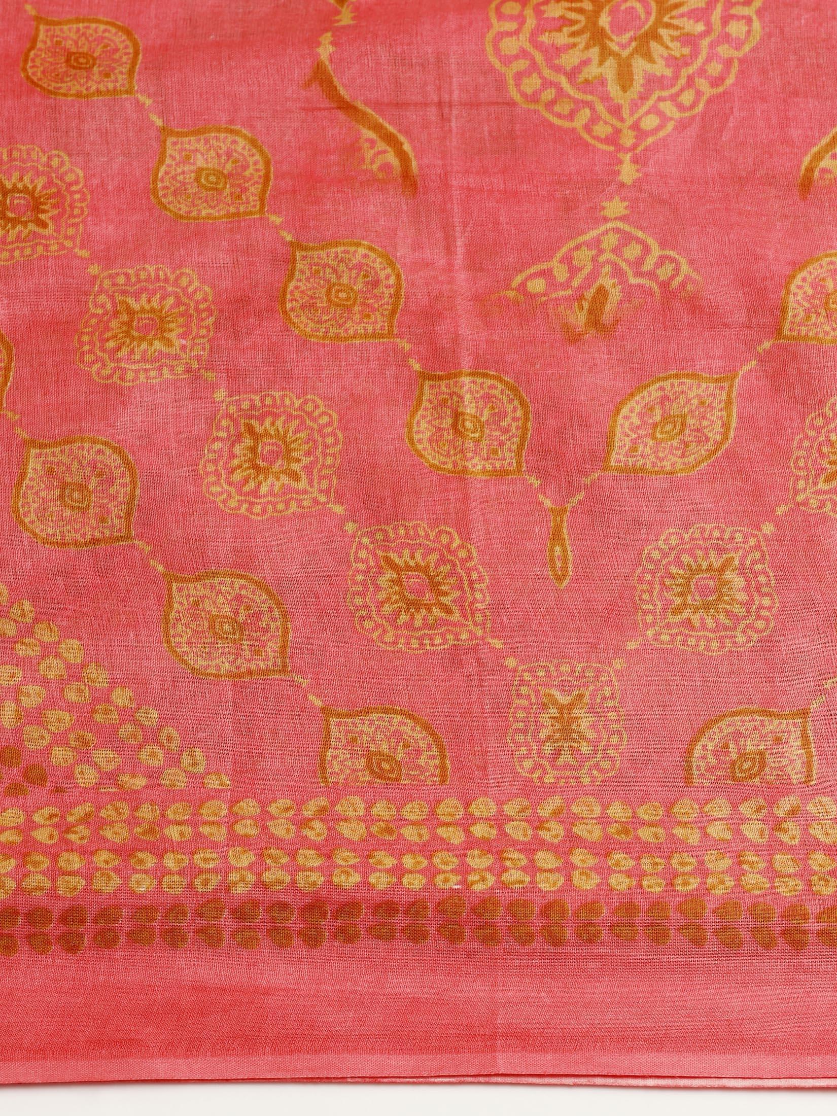 Women Cotton Pink Printed Kurta Trouser Dupatta.