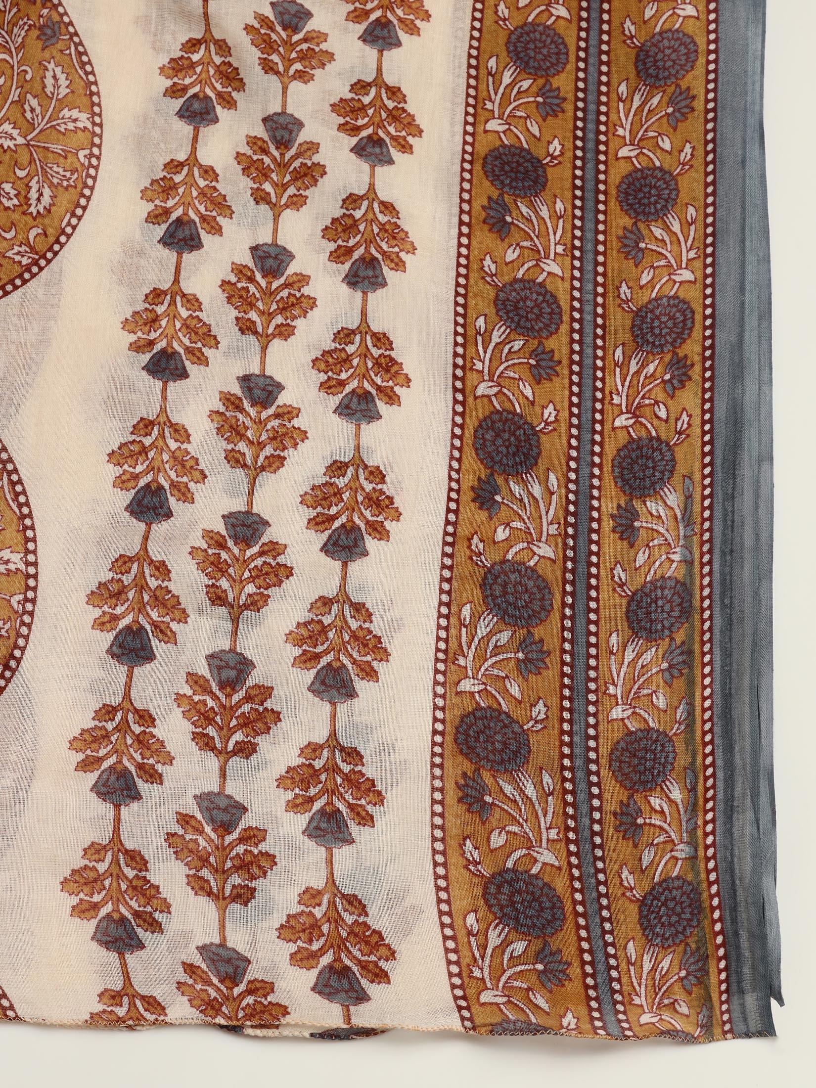 Women Cotton Cream Printed Kurta Trouser Dupatta.