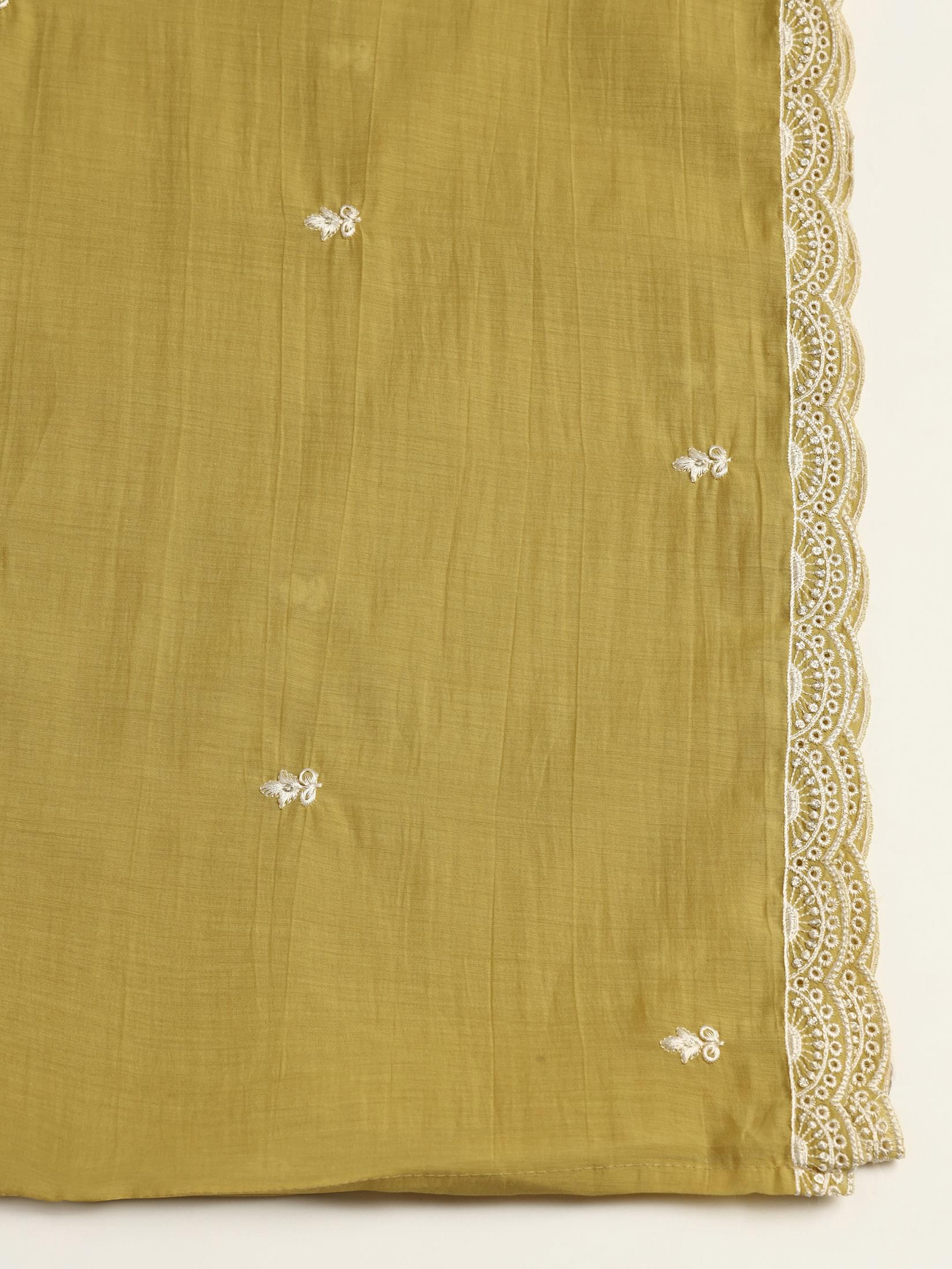 Women Mul Chanderi Mustard Embroidered Kurta Comfort Pant Dupatta.