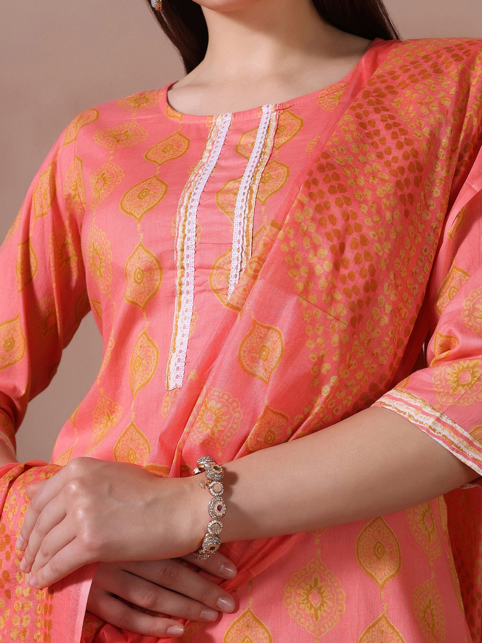 Women Cotton Pink Printed Kurta Trouser Dupatta