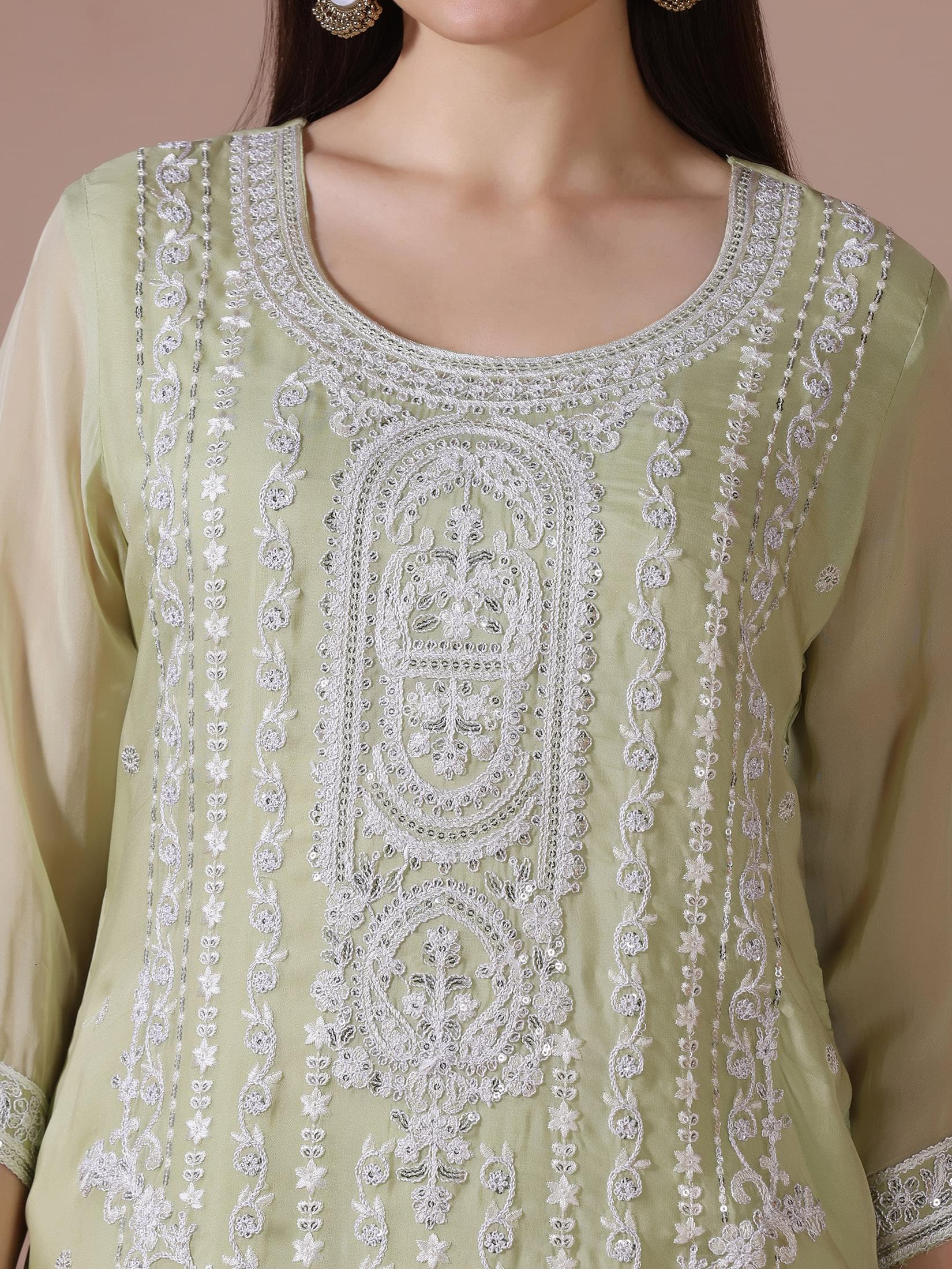 Women Viscose Organza Green Embroidered Kurta Comfort Pant Dupatta.
