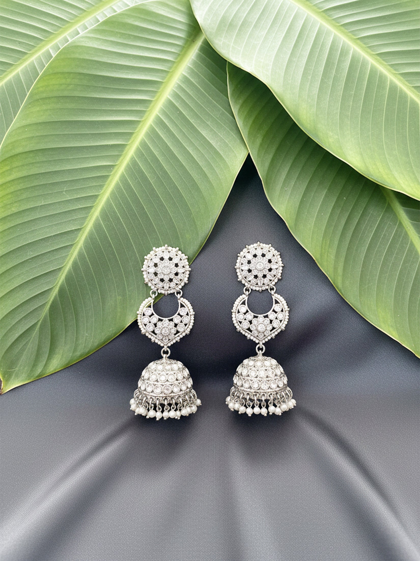 Long Silver Stone-Studded Jhumkas