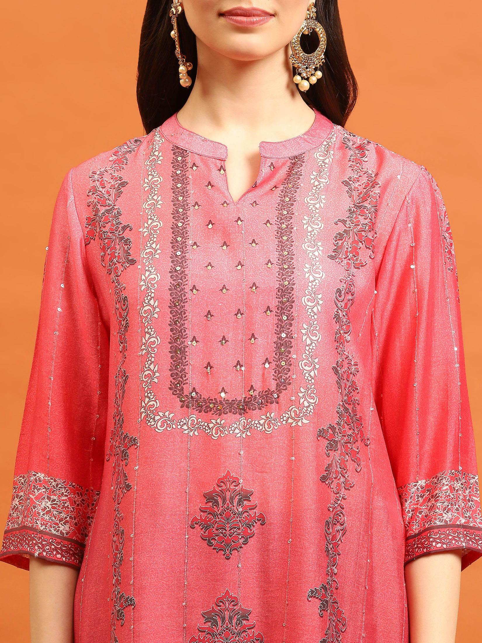 Women Coral Straight Kurta Trouser Dupatta.