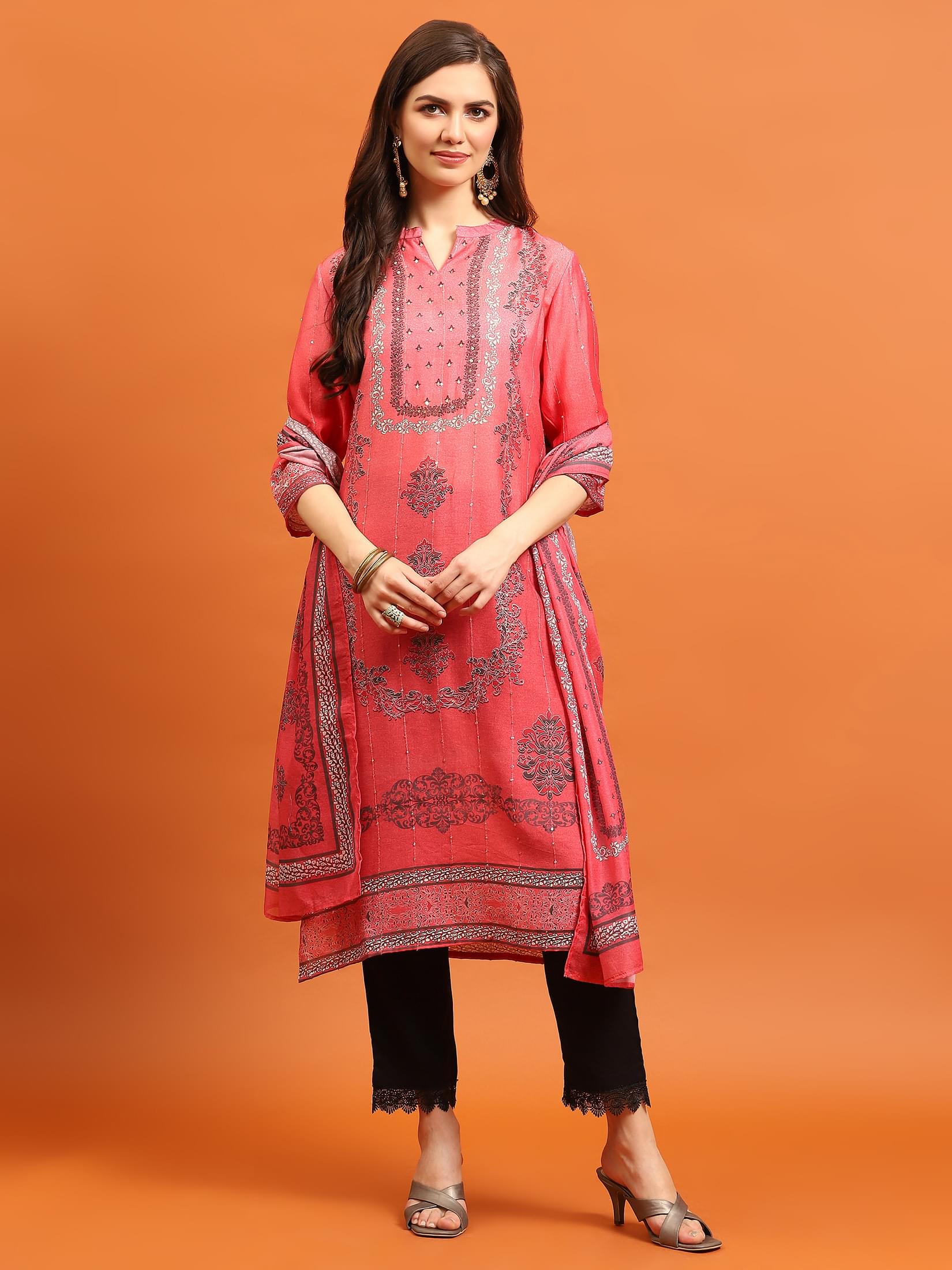 Women Coral Straight Kurta Trouser Dupatta.