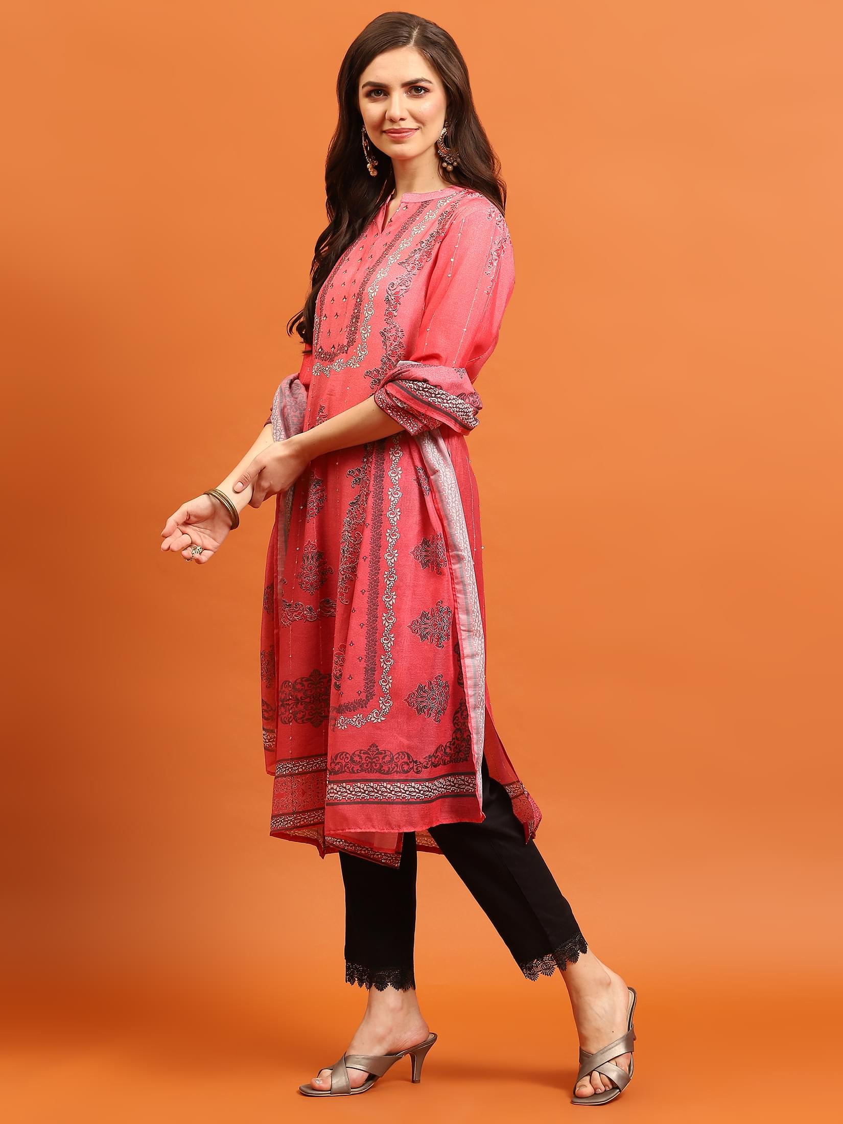 Women Coral Straight Kurta Trouser Dupatta.