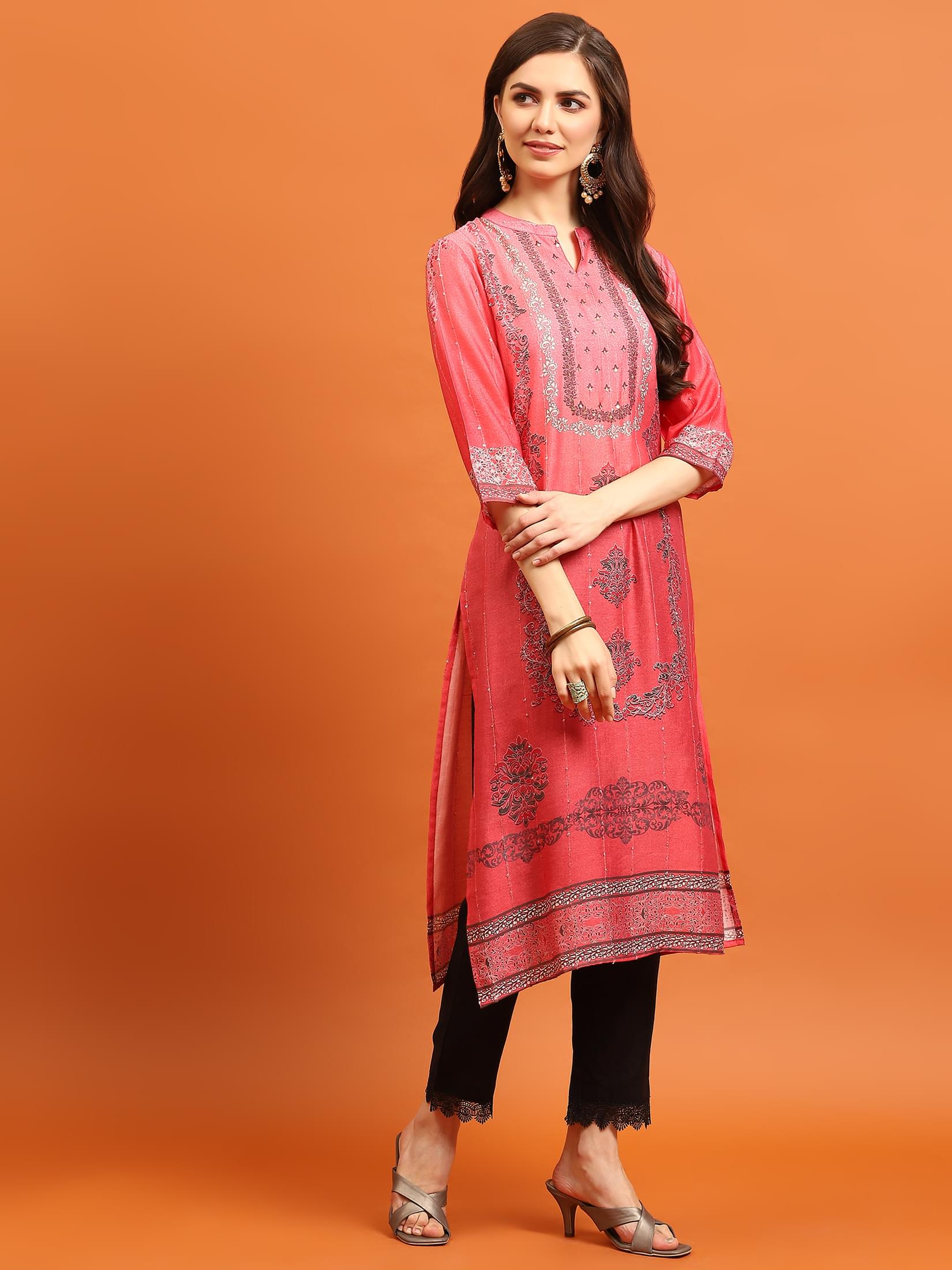 Women Coral Straight Kurta Trouser Dupatta.