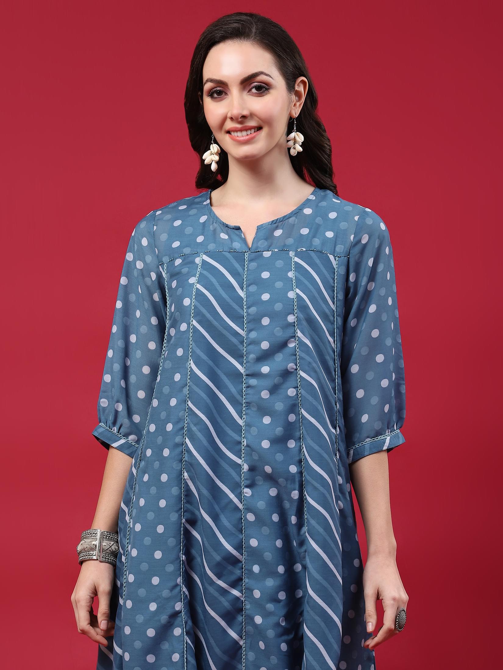 Women Blue Printed Kurta Comfort Pant Dupatta.