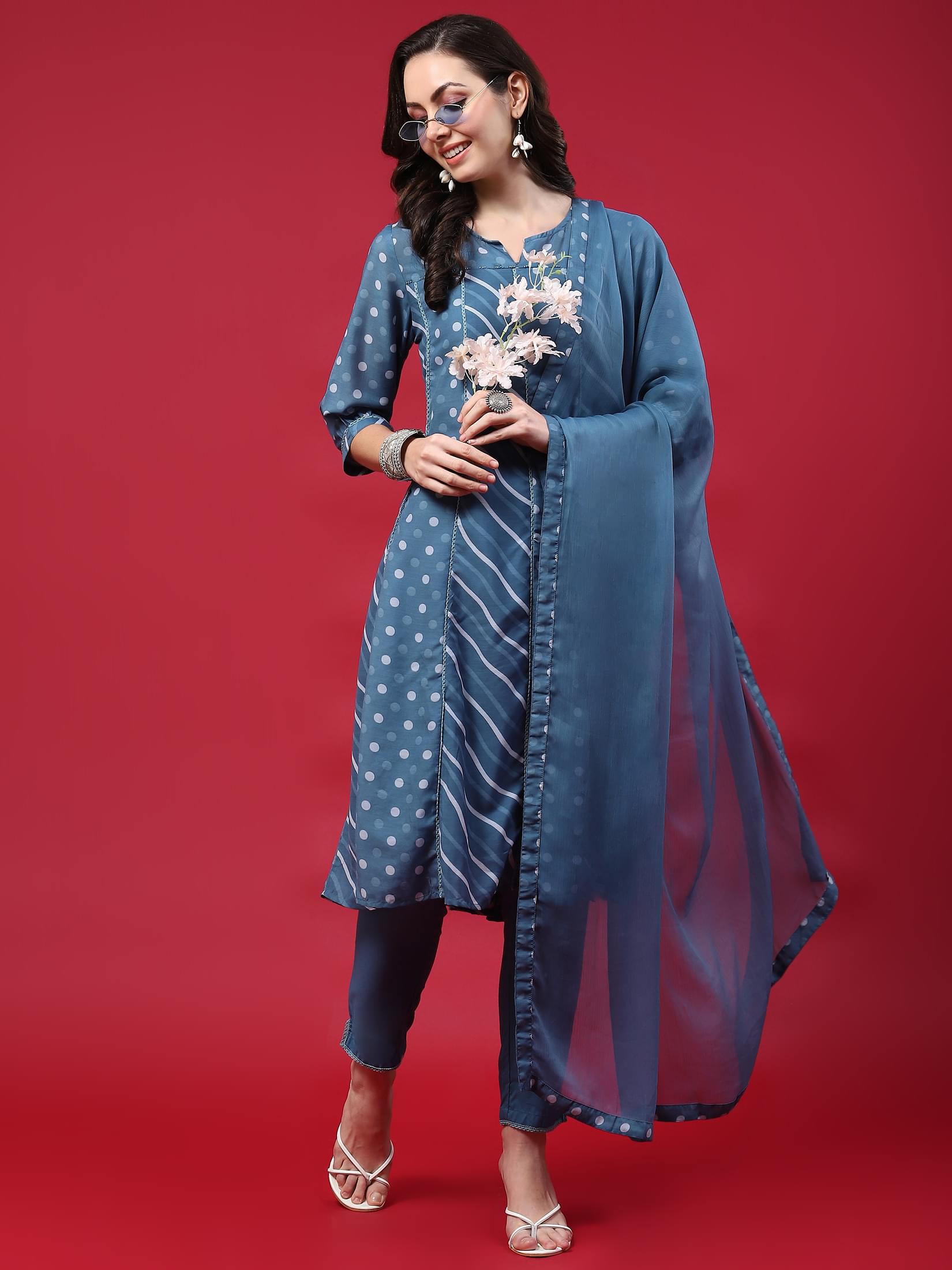 Women Blue Printed Kurta Comfort Pant Dupatta.