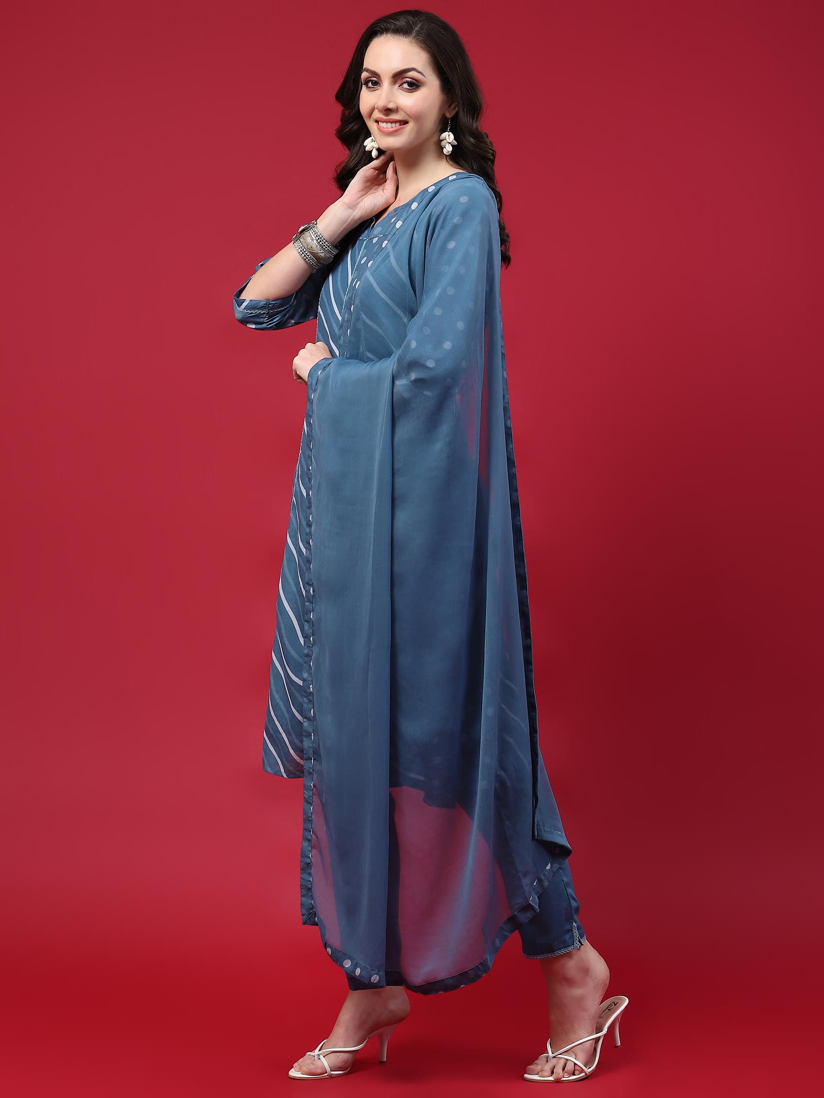 Women Blue Printed Kurta Comfort Pant Dupatta.