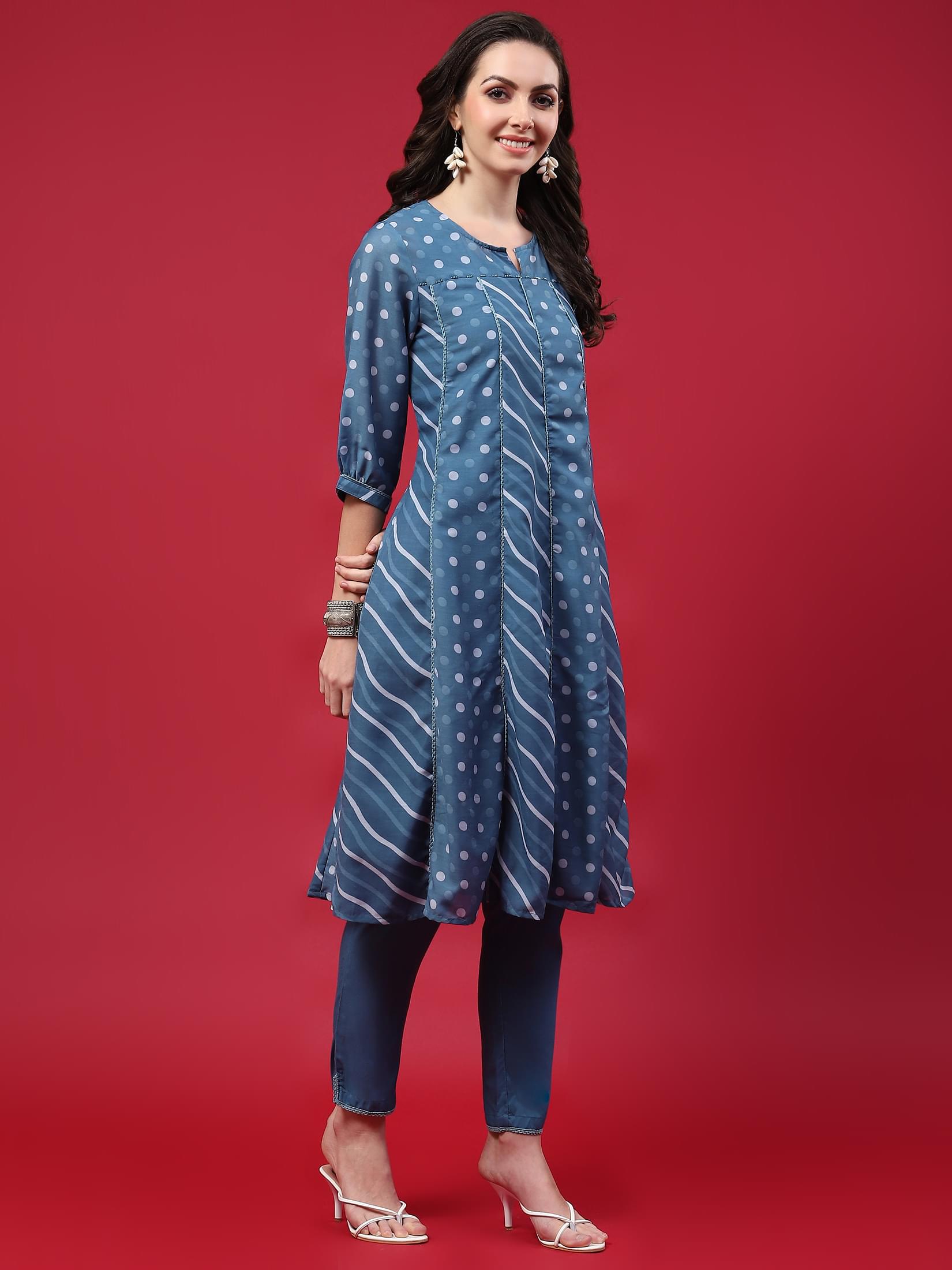 Women Blue Printed Kurta Comfort Pant Dupatta.