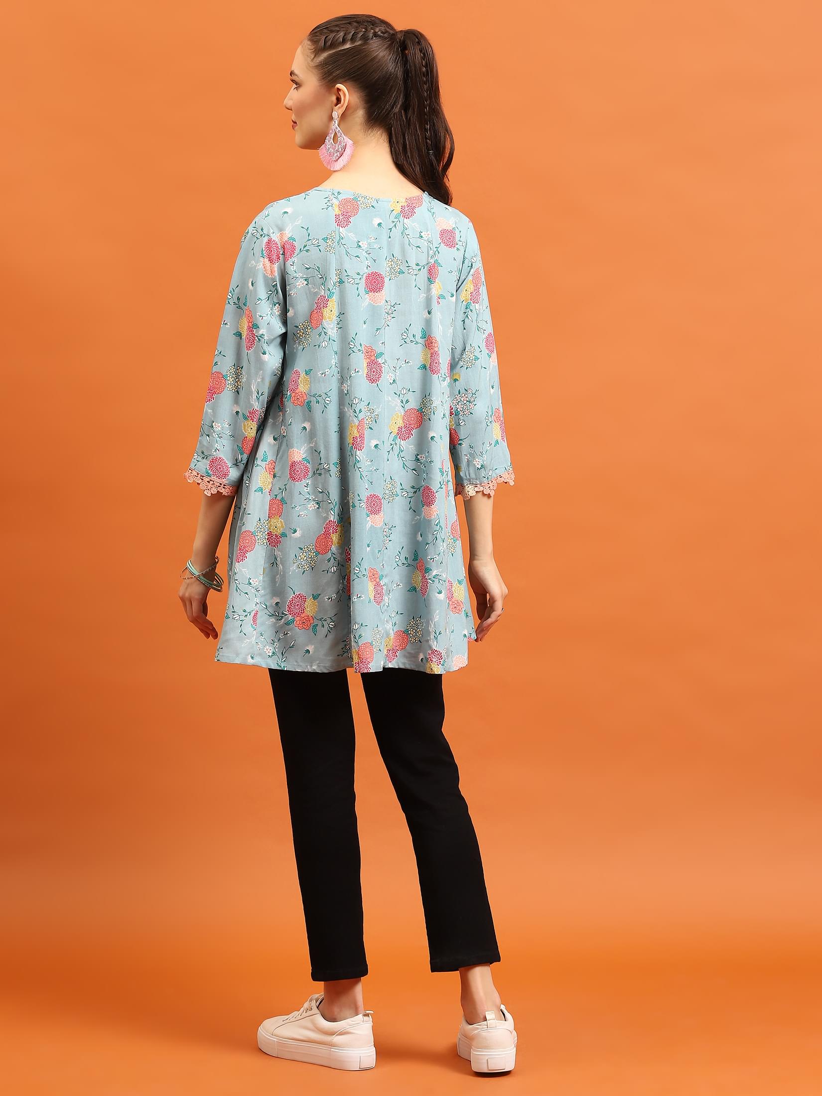 Women Sea Blue Floral Printed Tunic.