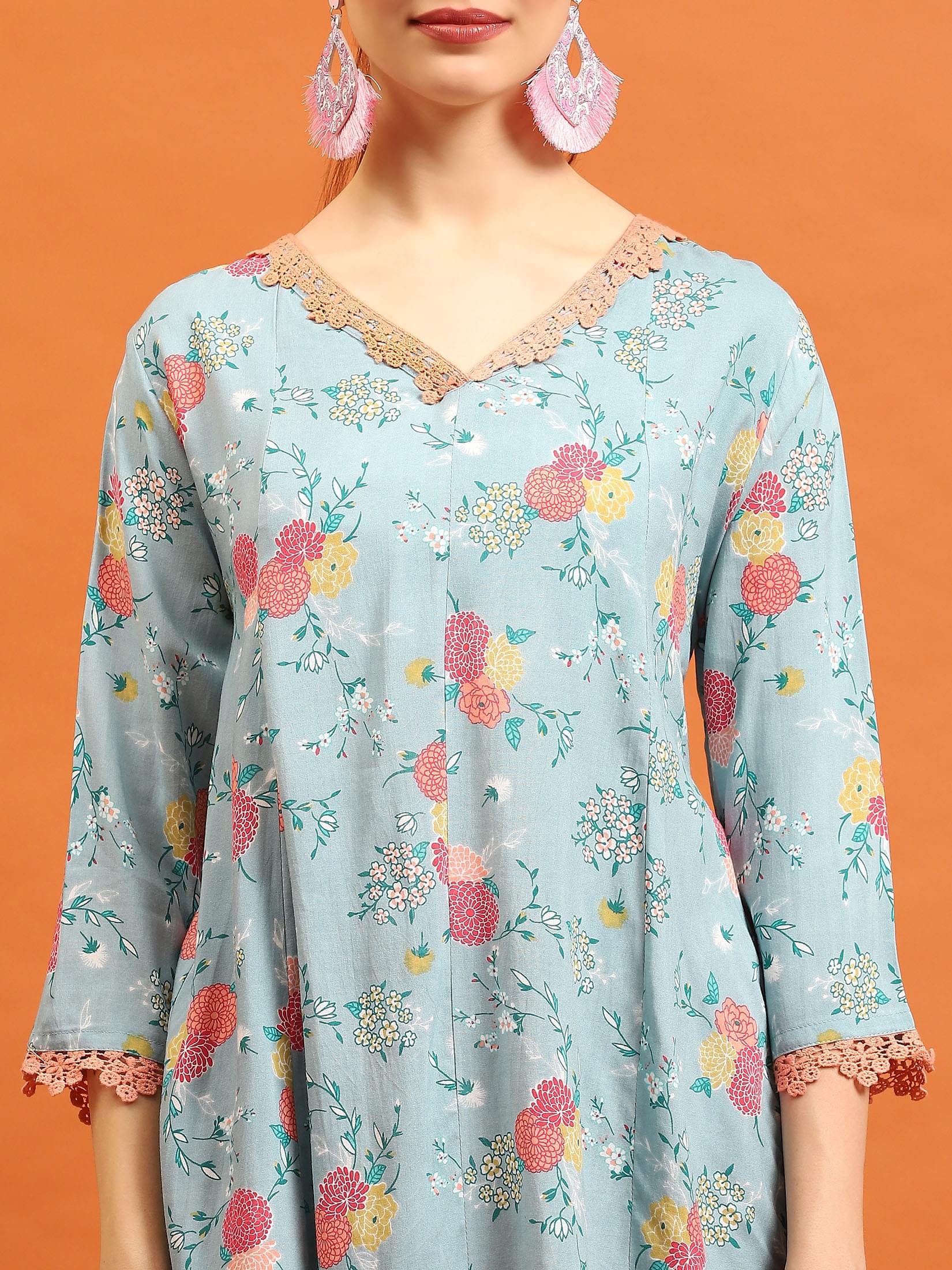 Women Sea Blue Floral Printed Tunic.