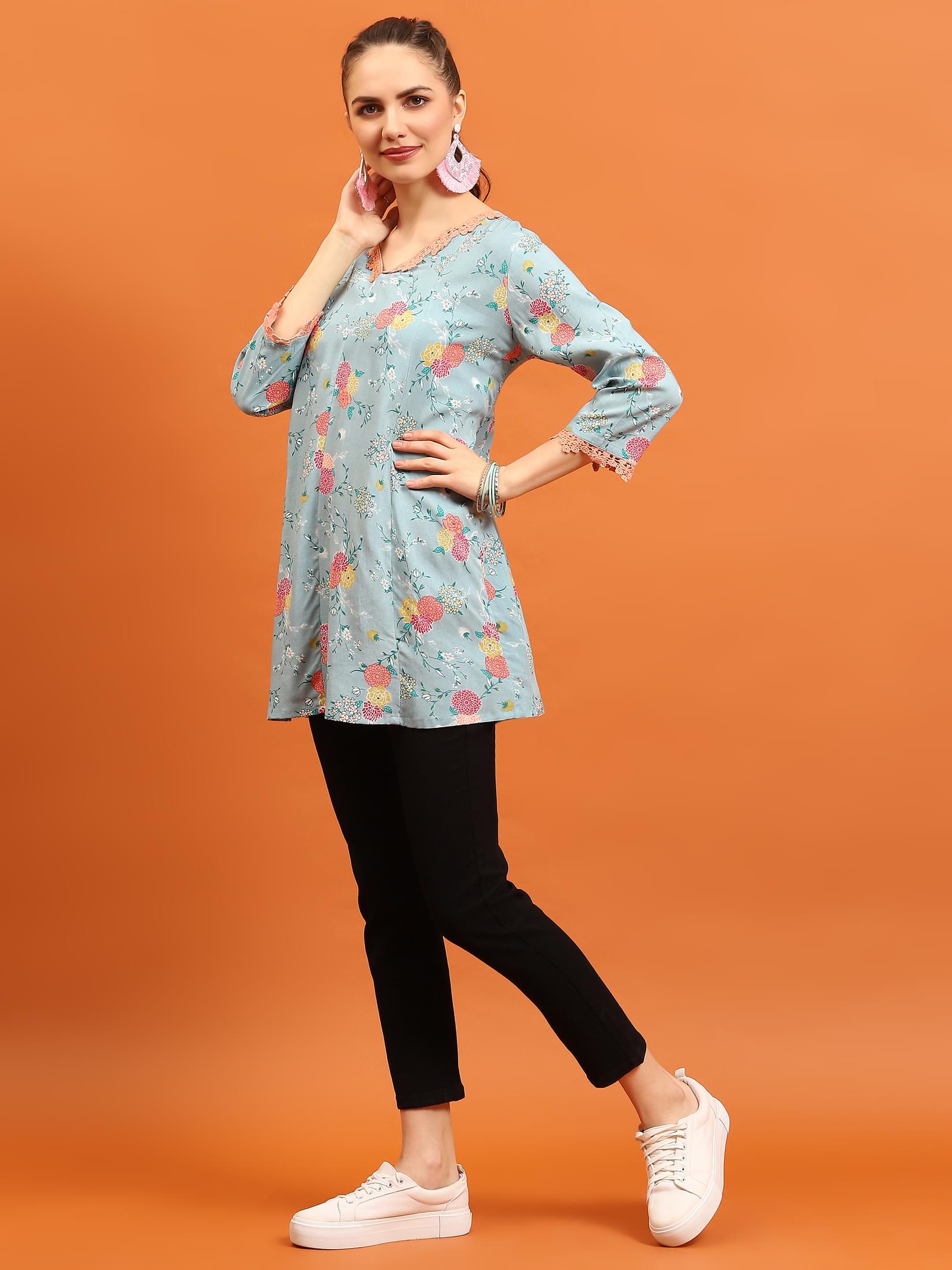 Women Sea Blue Floral Printed Tunic.