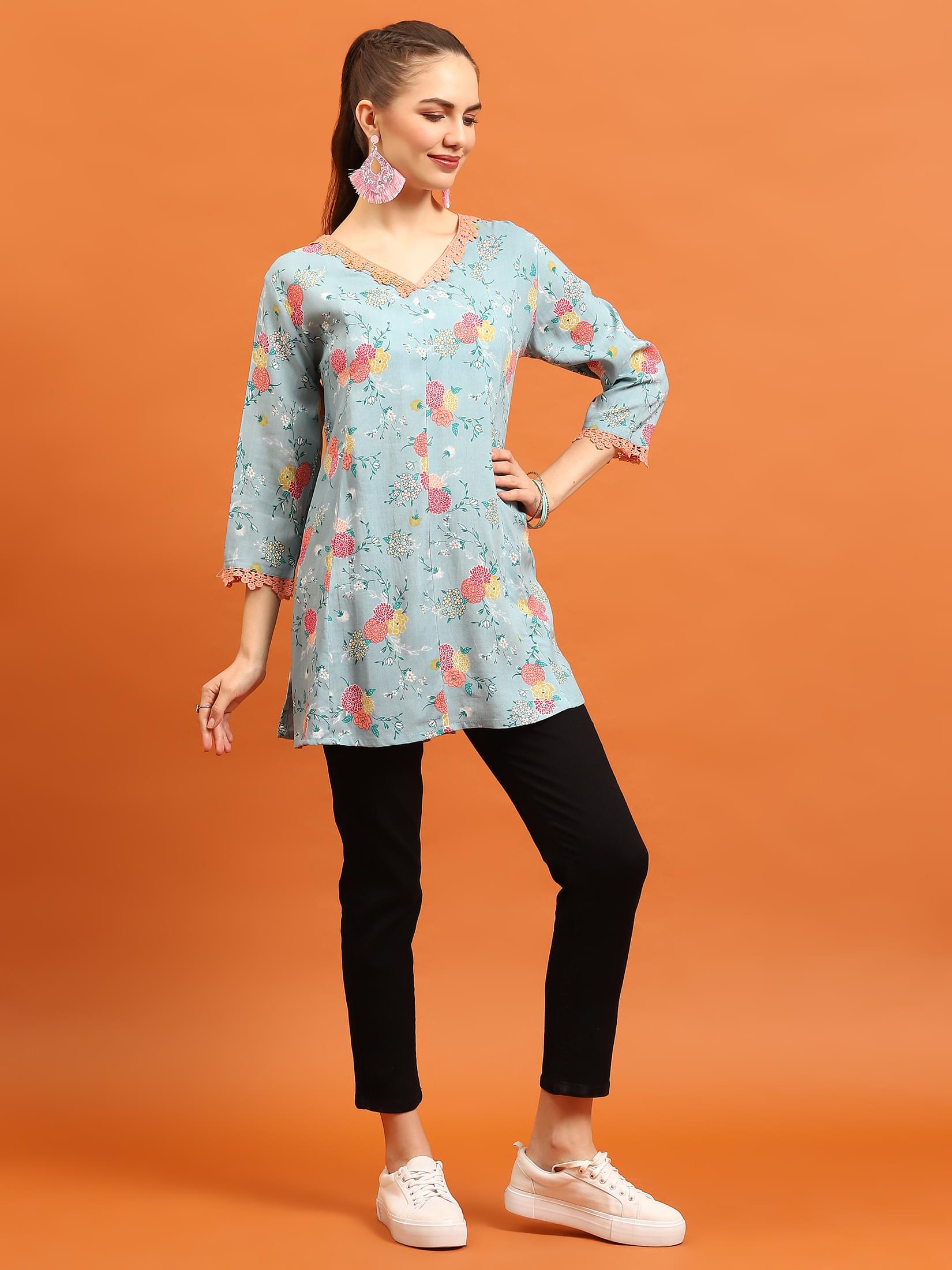Women Sea Blue Floral Printed Tunic.