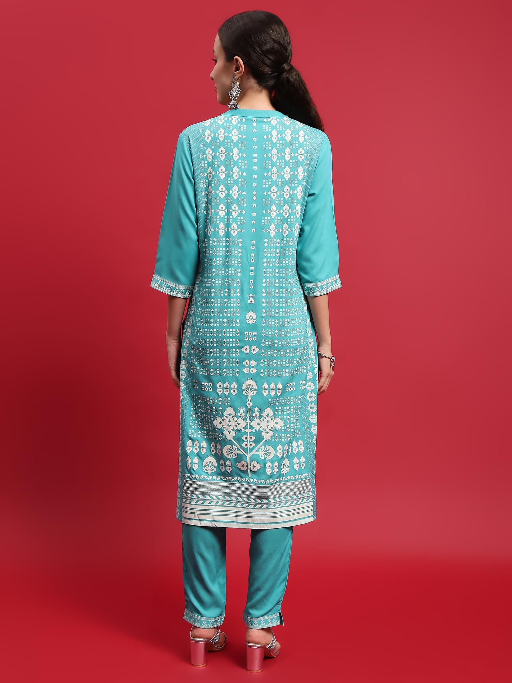 Indiessence Women Liva (Rayon) Turquoise Blue Ornamental Print Kurta With Trouser.
