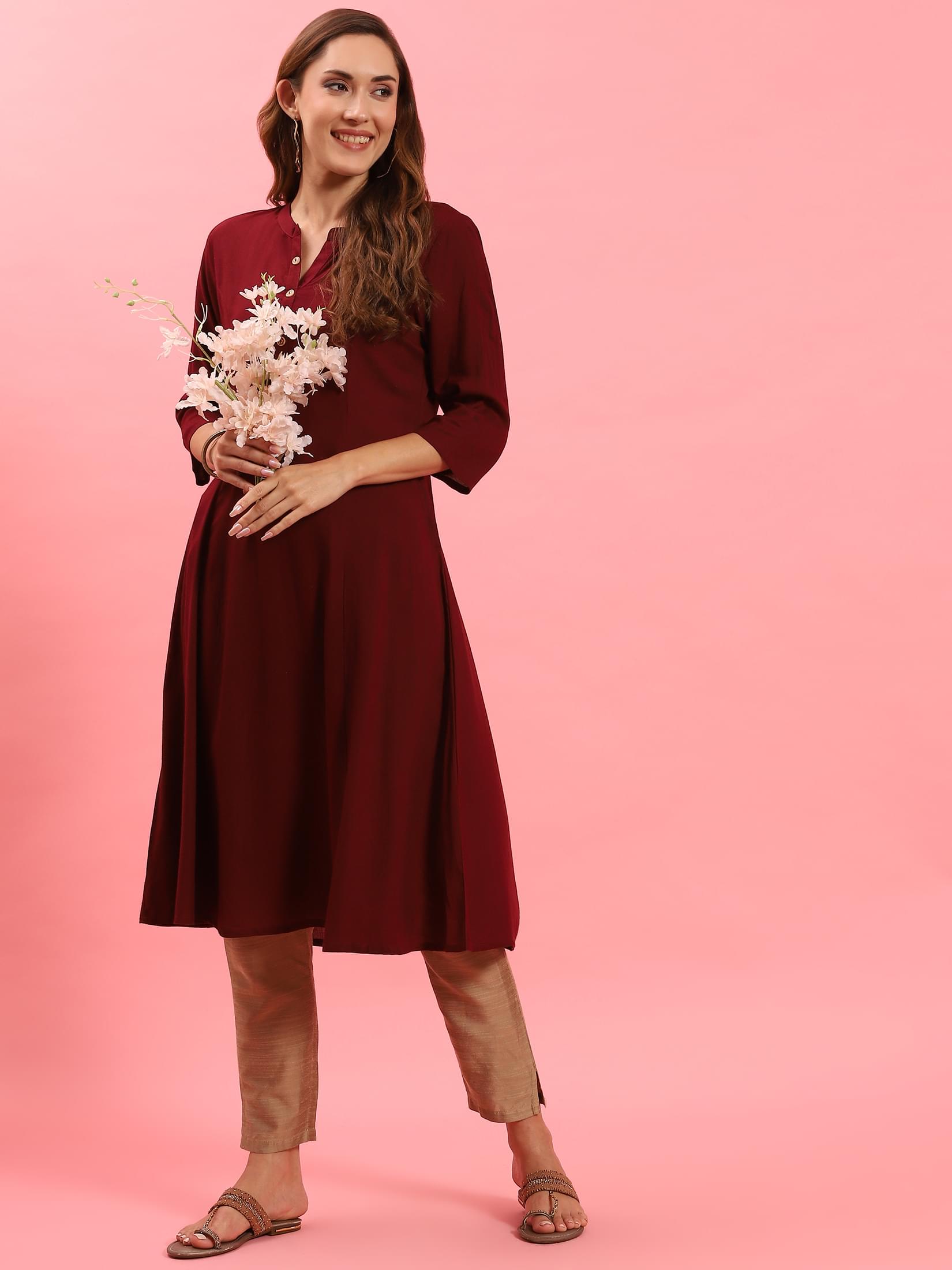 Women Burgundy Plain Kurta.