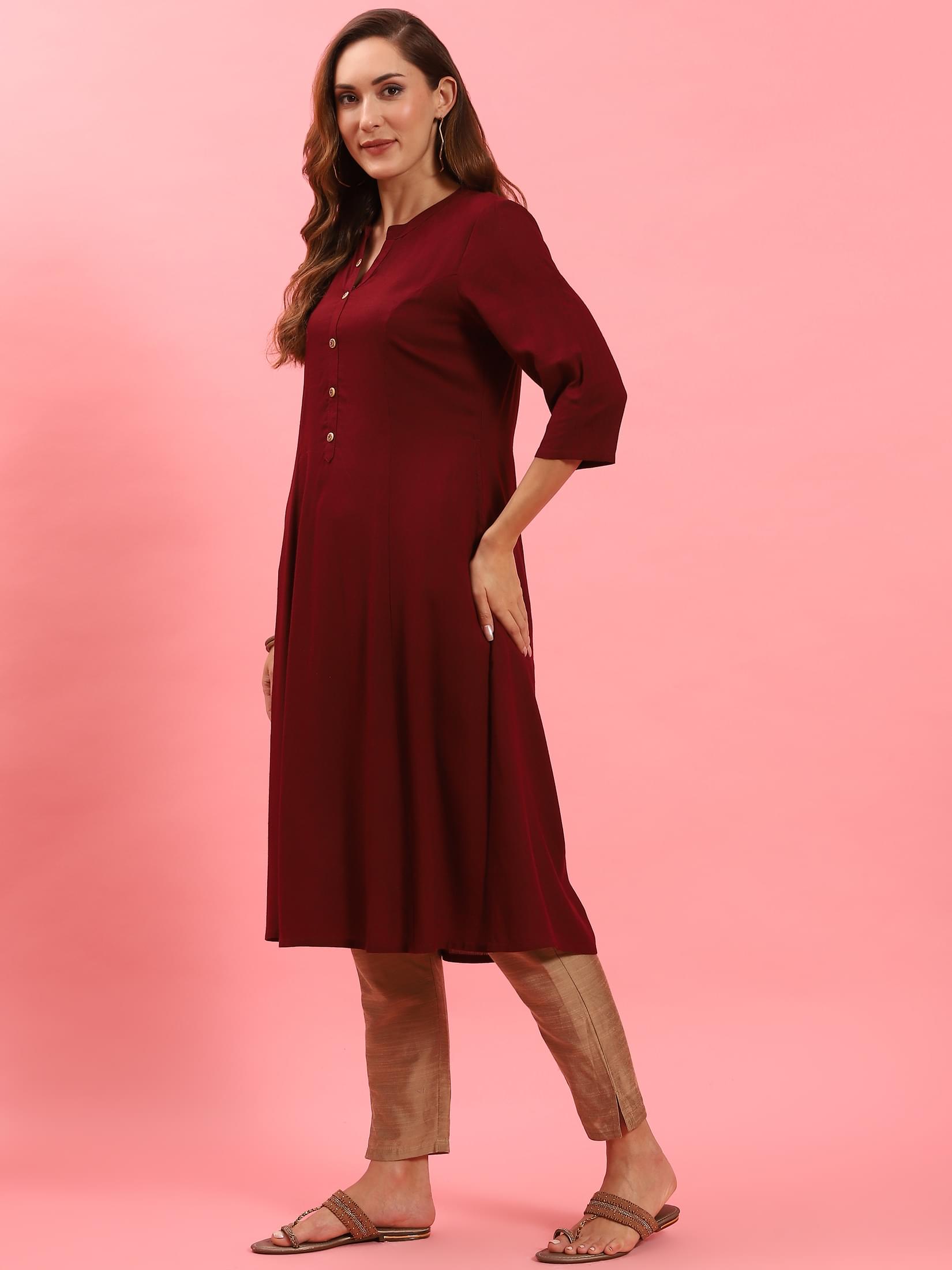 Women Burgundy Plain Kurta.
