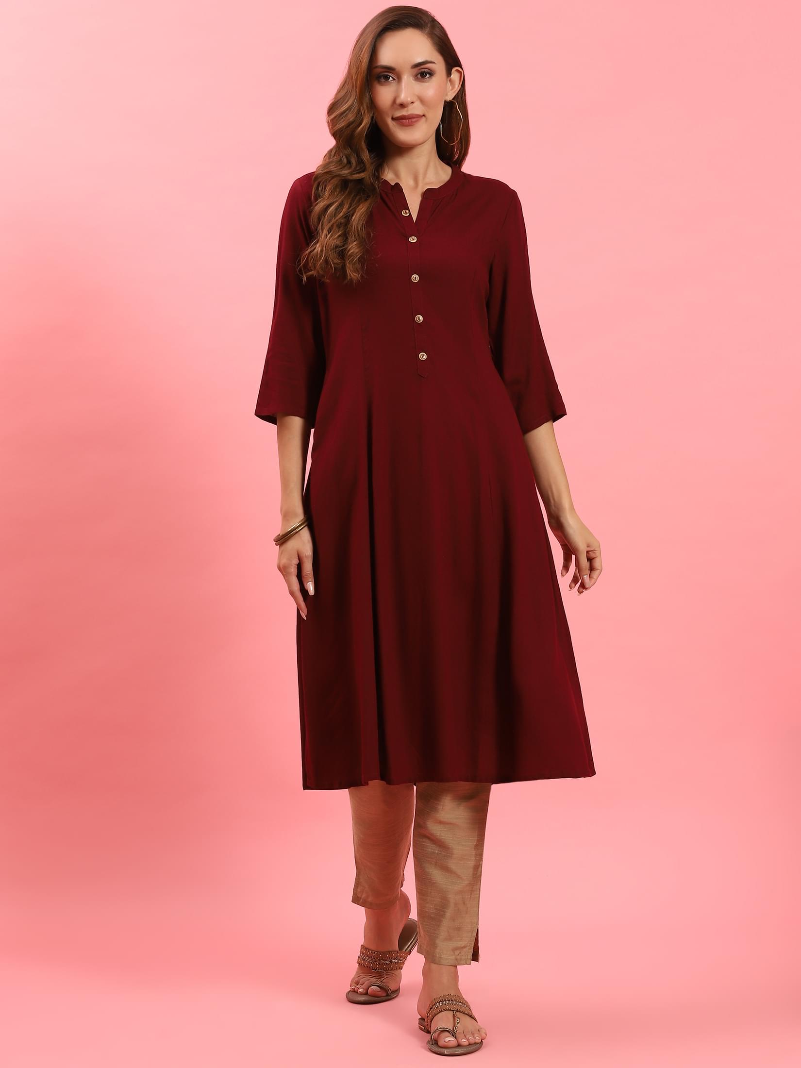 Deep burgundy plain solid minimal tone simple profile regular straight kurta