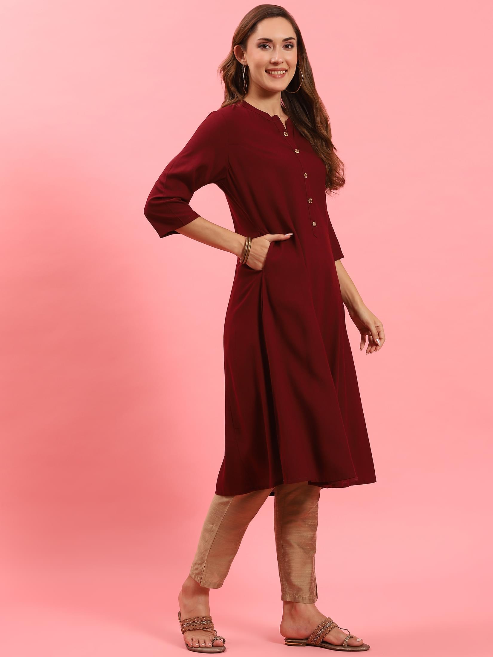 Women Burgundy Plain Kurta.