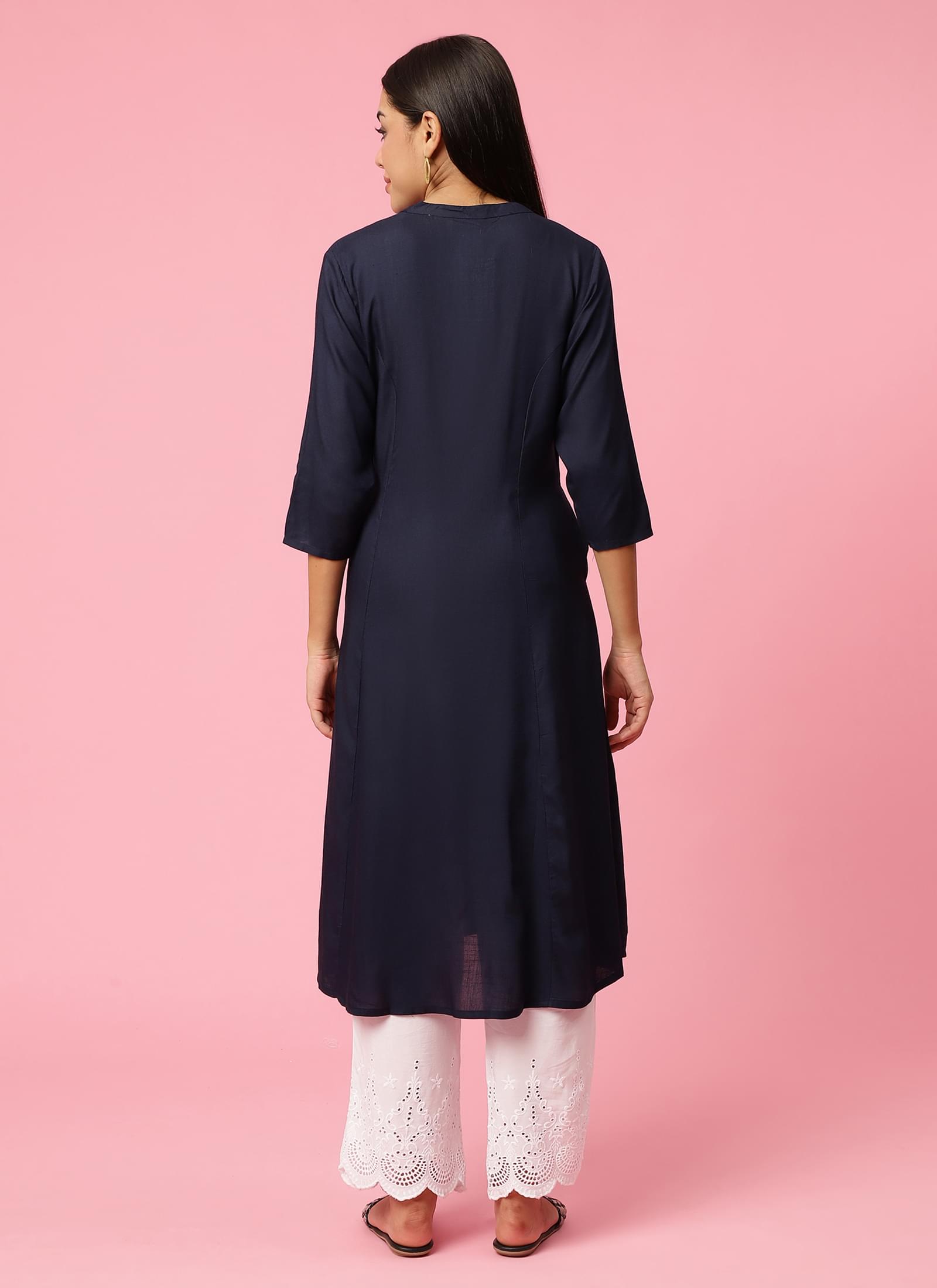 Women Navy Blue Solid Kurta.