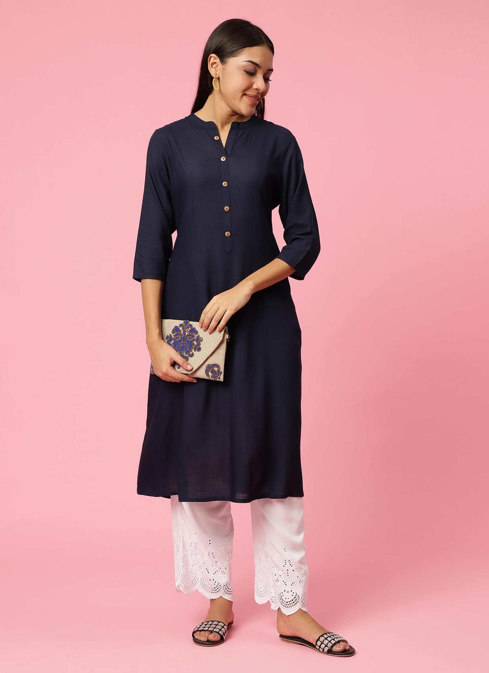 Women Navy Blue Solid Kurta.