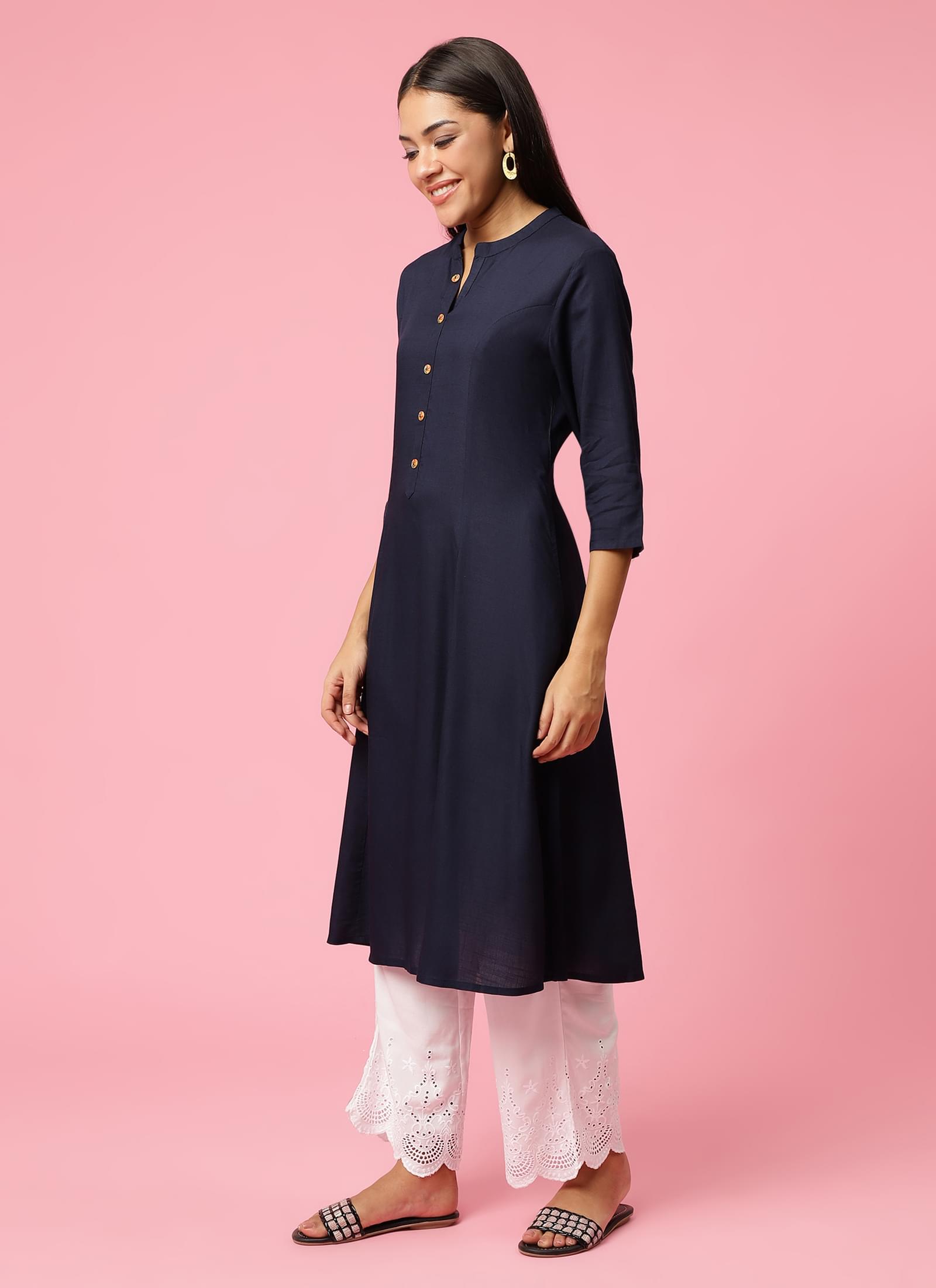 Women Navy Blue Solid Kurta.