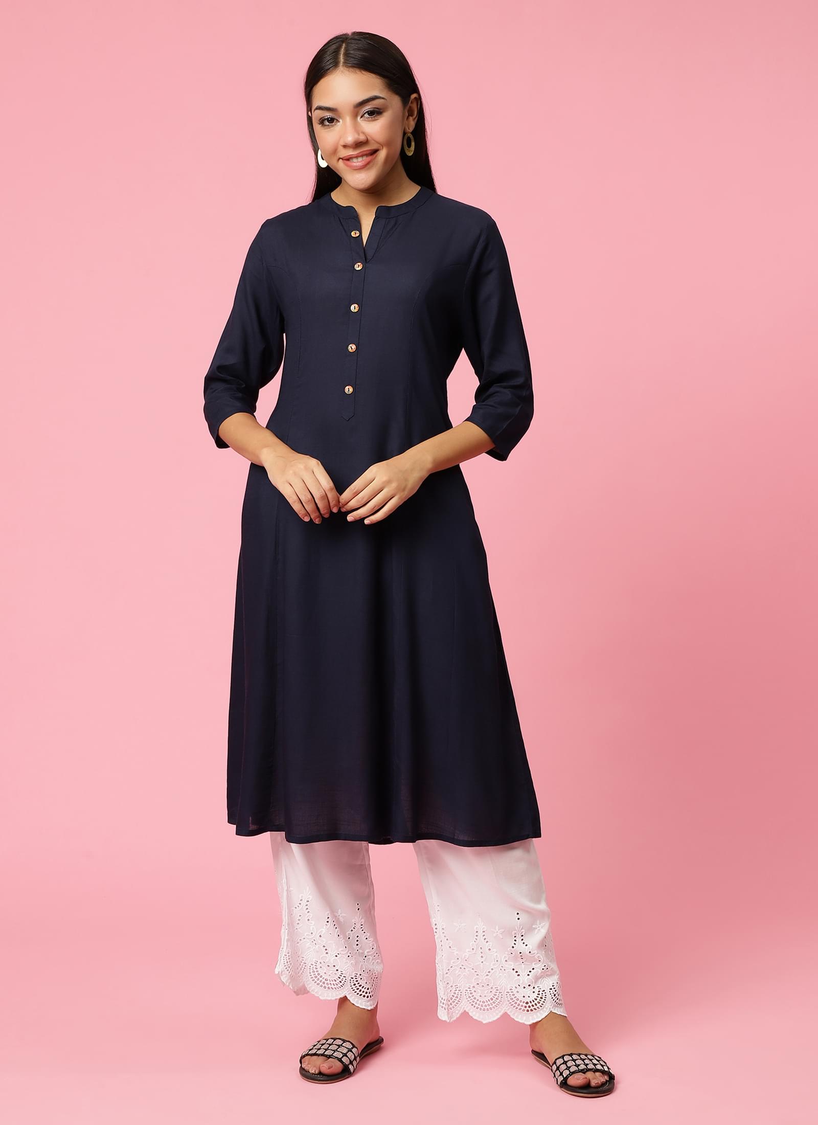 Women Navy Blue Solid Kurta.