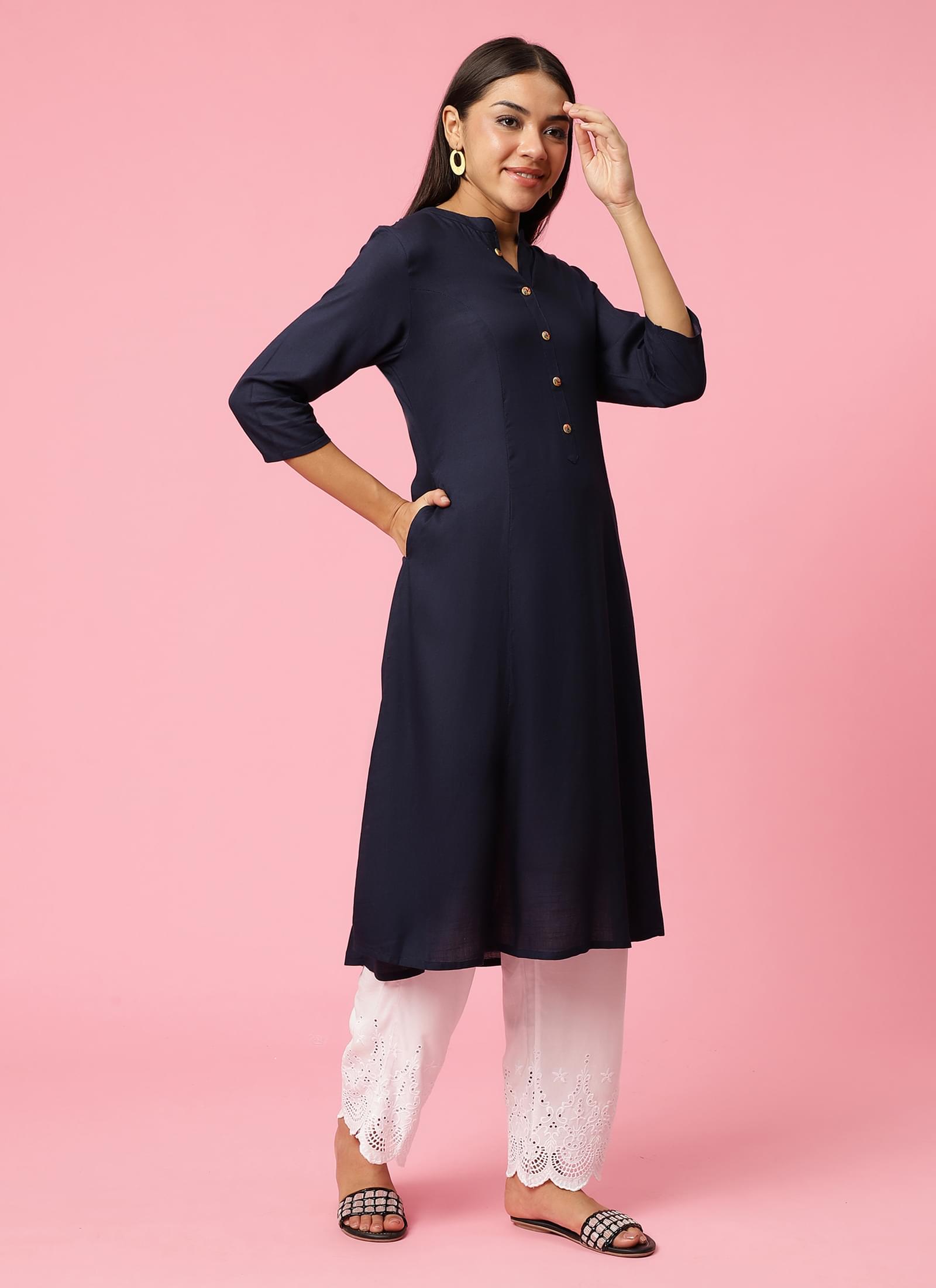 Women Navy Blue Solid Kurta.