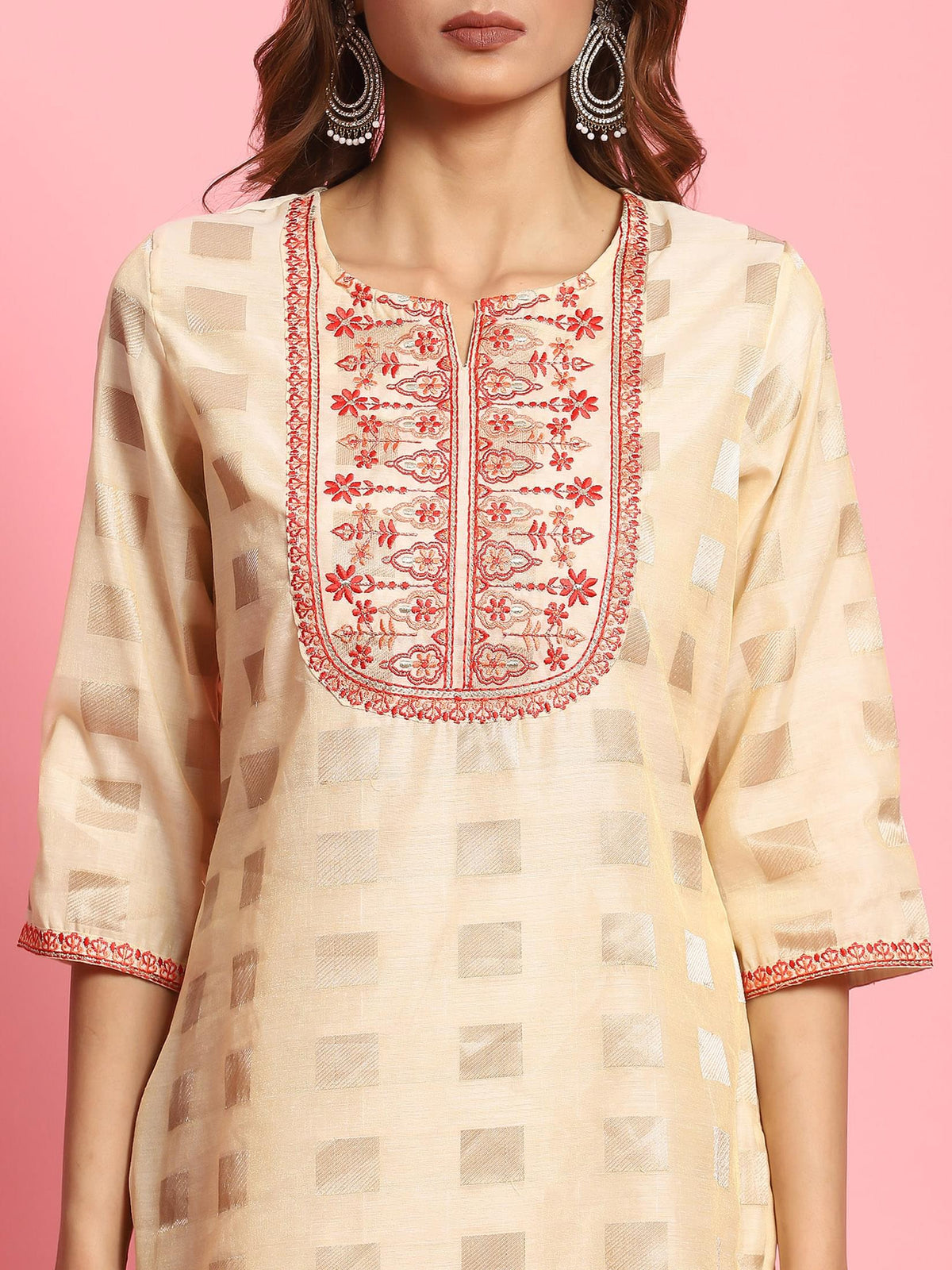 Women Off White Embroidered Kurta Trouser Dupatta.