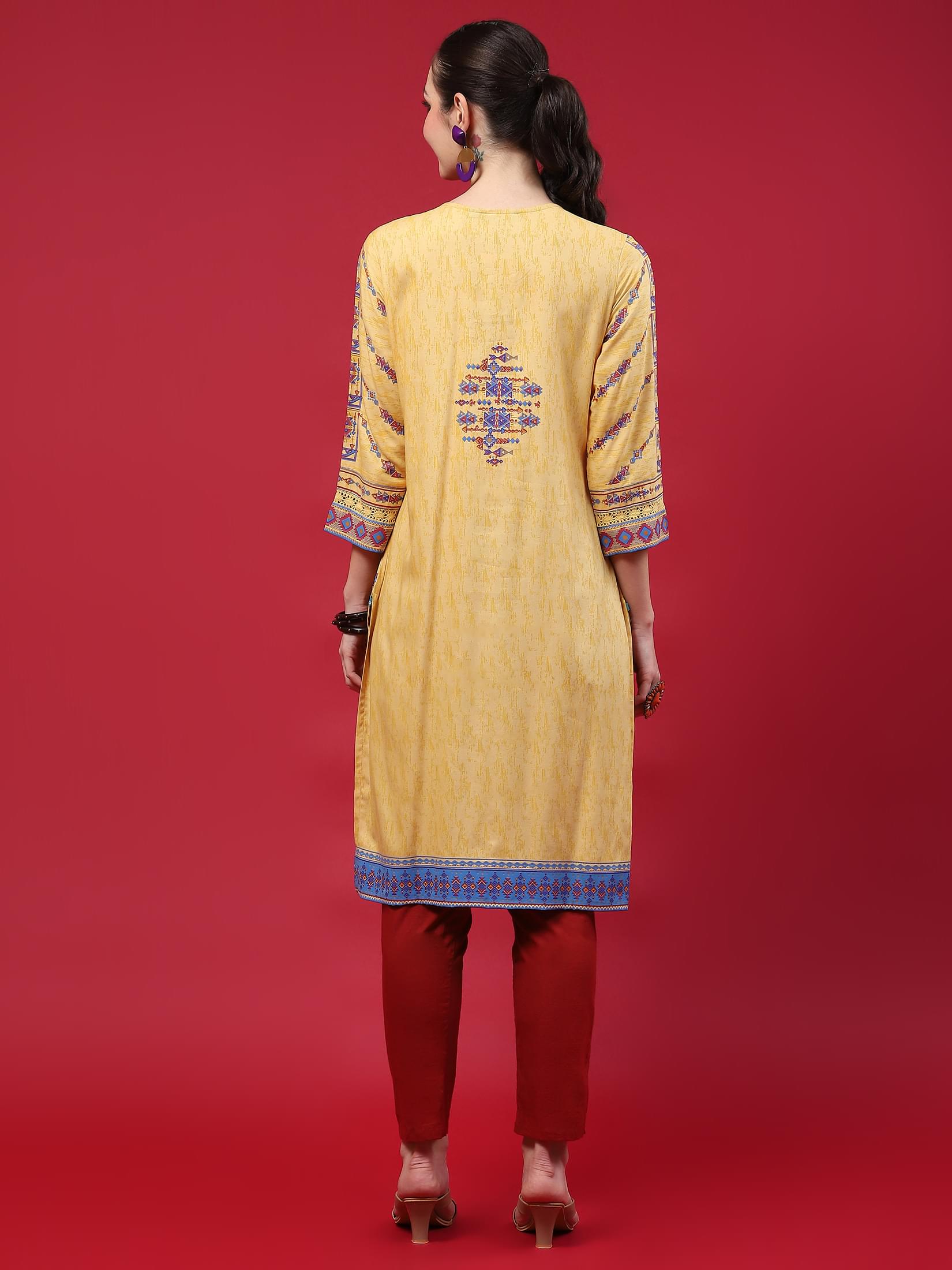 Indiessence (Buy 2 @ 499) Women Mustard Geometric Printed Kurta.