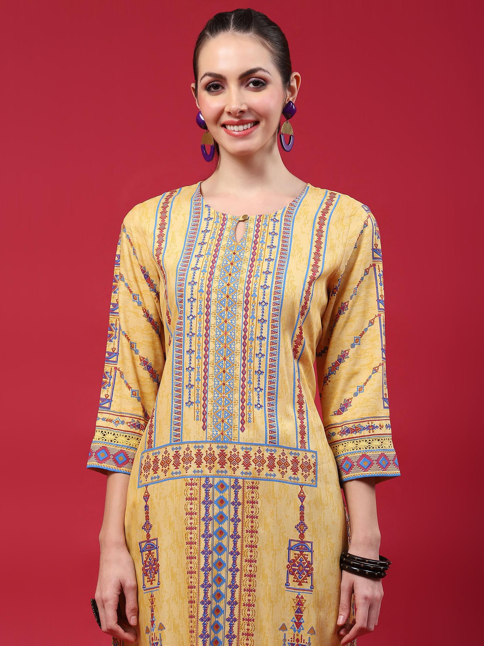 Indiessence (Buy 2 @ 499) Women Mustard Geometric Printed Kurta.