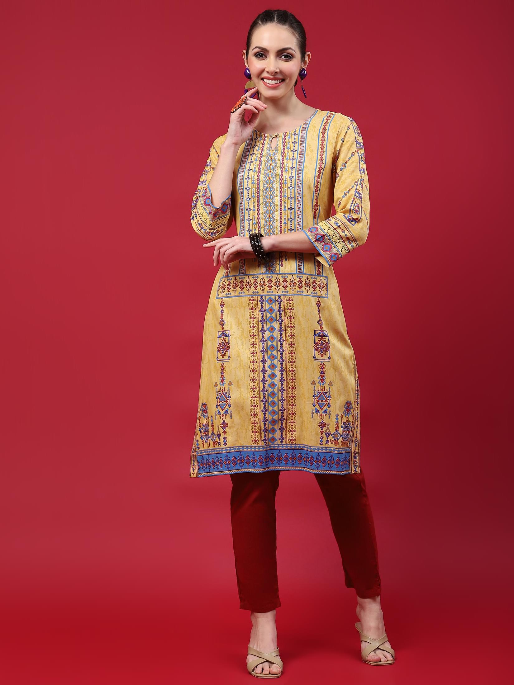 Indiessence (Buy 2 @ 499) Women Mustard Geometric Printed Kurta.