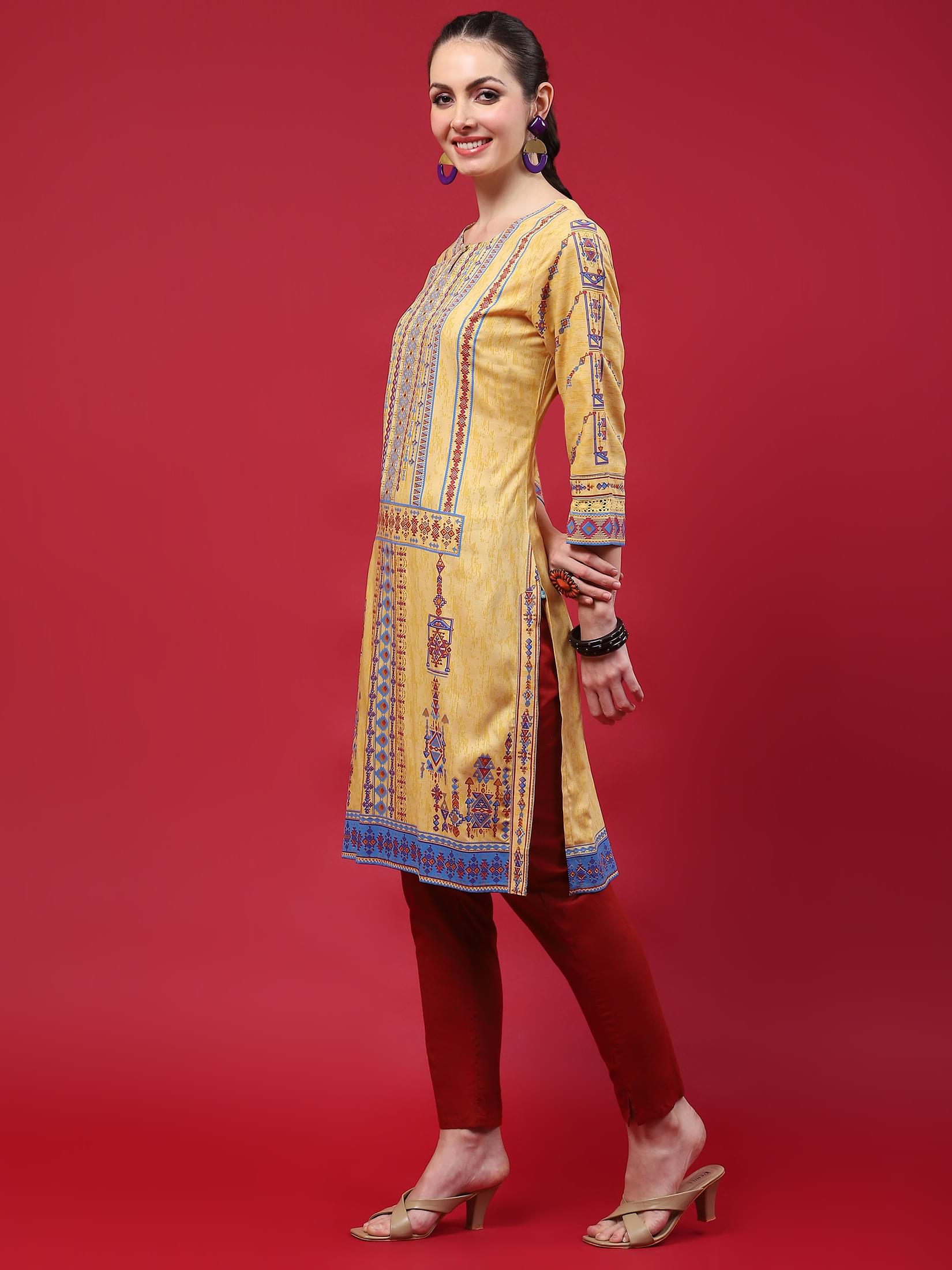 Indiessence (Buy 2 @ 499) Women Mustard Geometric Printed Kurta.