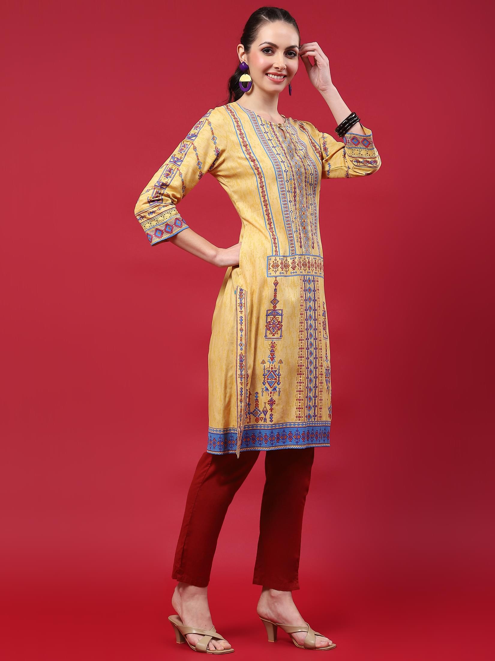 Indiessence (Buy 2 @ 499) Women Mustard Geometric Printed Kurta.